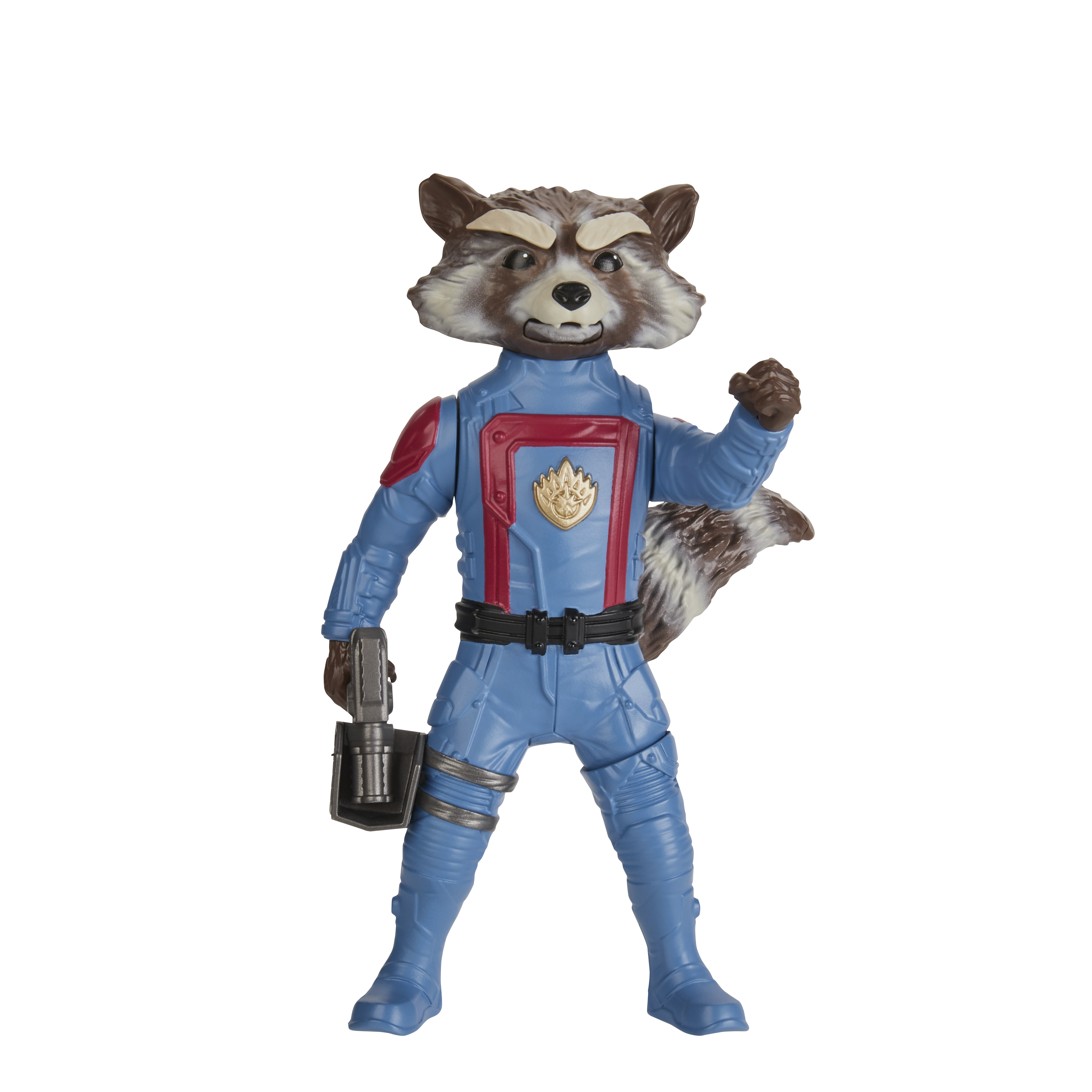 Figurka Rocket Raccoon w niebiesko-czerwonym stroju, trzymająca broń, z głową szopa. Tło białe.