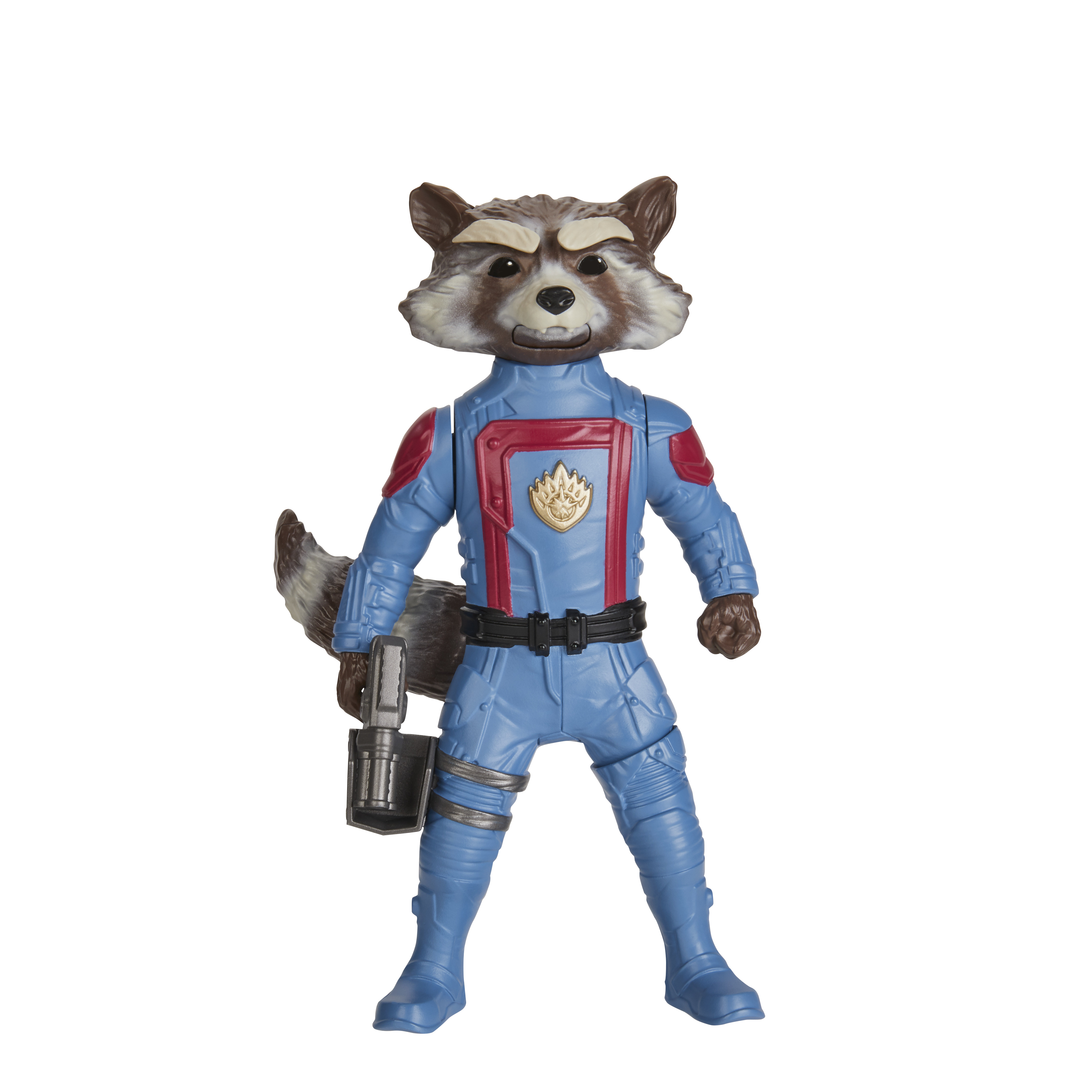 Figurka Rocket Raccoon w niebieskim kombinezonie, trzymająca broń. Brązowa sierść twarzy i ogona. Złoty emblemat.
