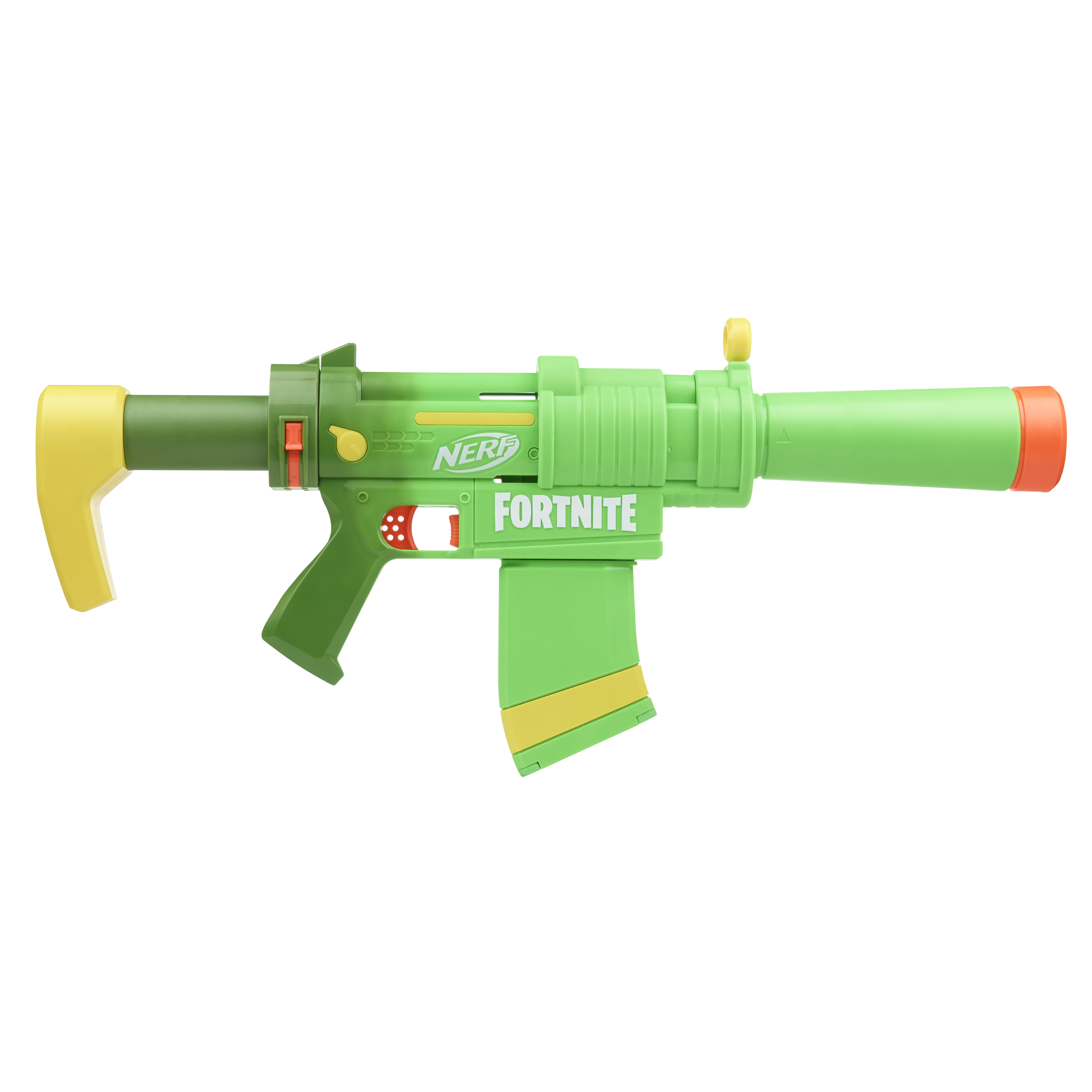 Zielony pistolet Nerf Fortnite z żółtymi i pomarańczowymi akcentami na białym tle.