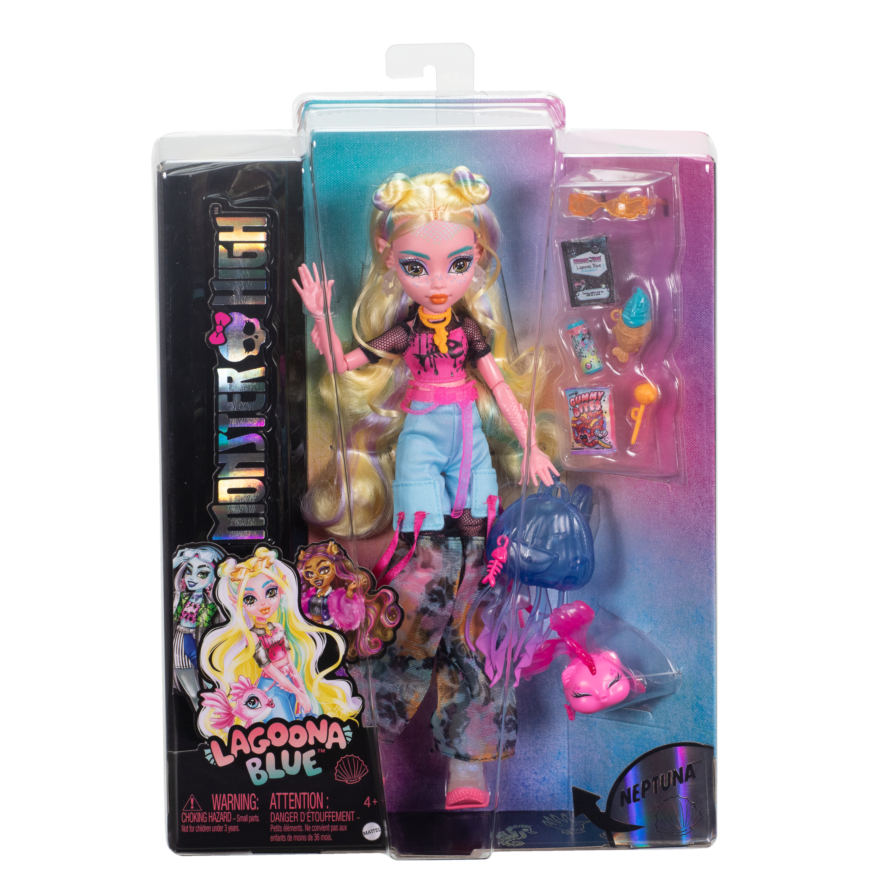Una muñeca Monster High Lagoona Blue en embalaje. Accesorios incluyen gafas de sol y bocadillos. La muñeca es rosa y azul.