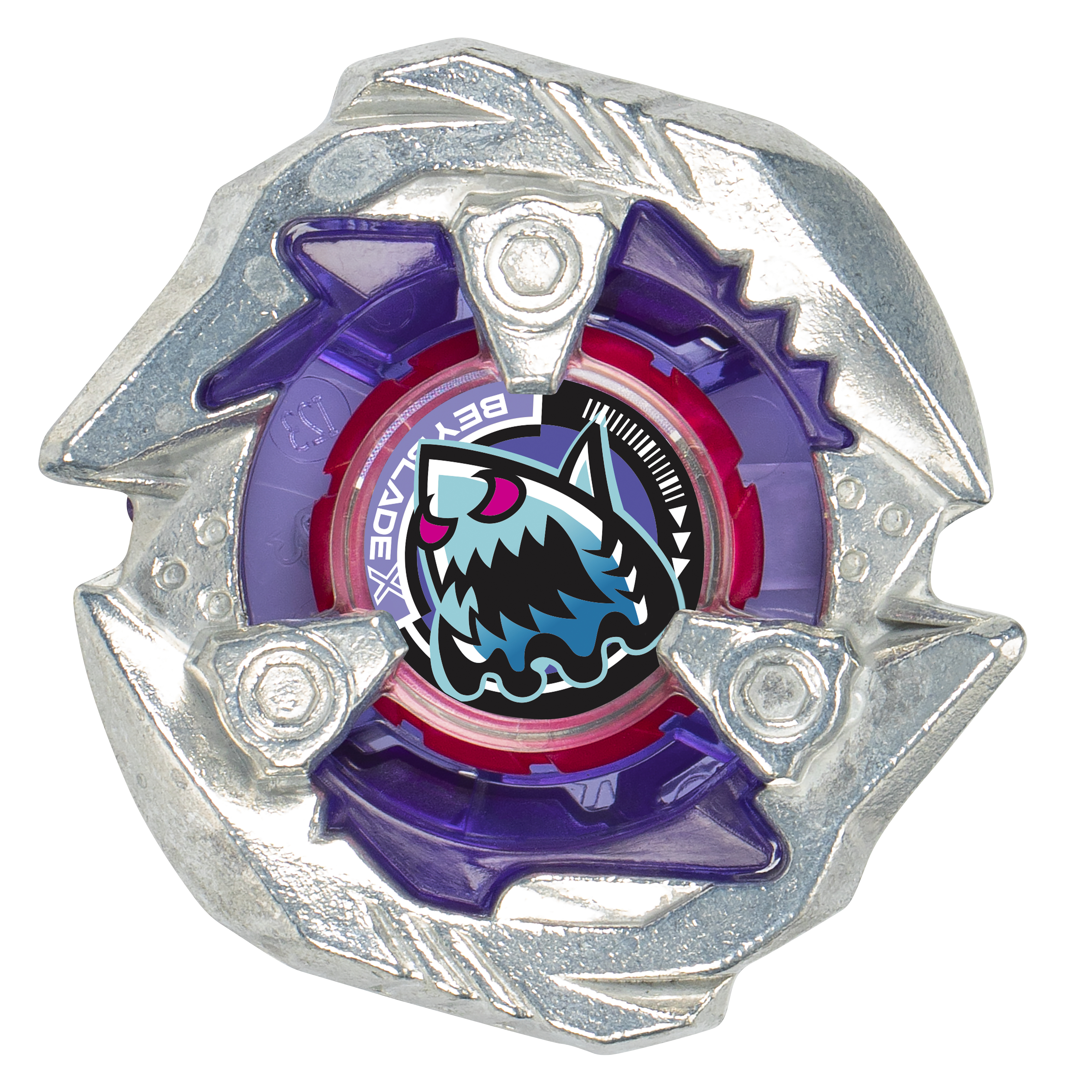 Un giocattolo Beyblade argento e viola. Ha un design a forma di squalo al centro. Lo sfondo è bianco.