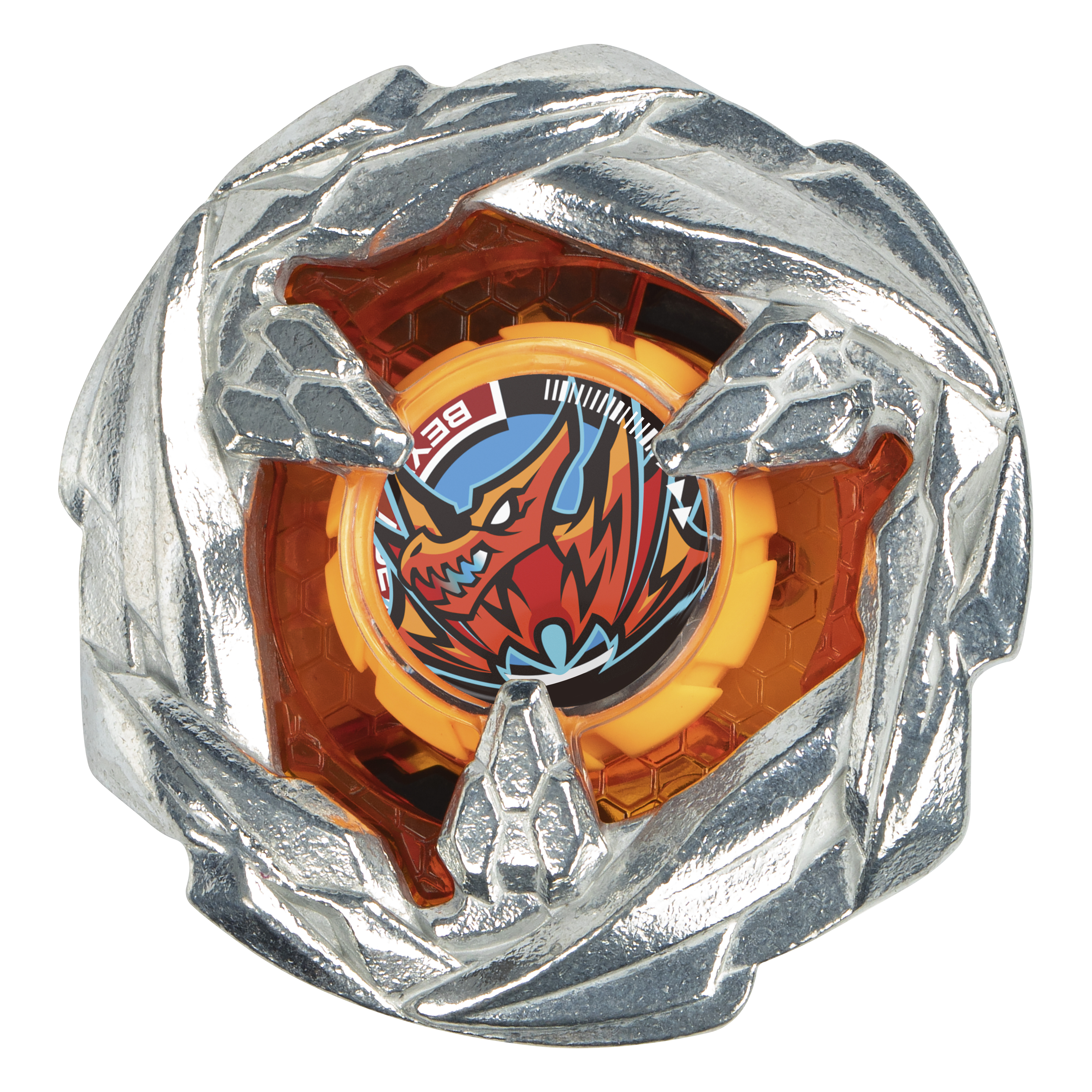 Un giocattolo Beyblade argentato e arancione. Ha un disegno di drago rosso al centro.