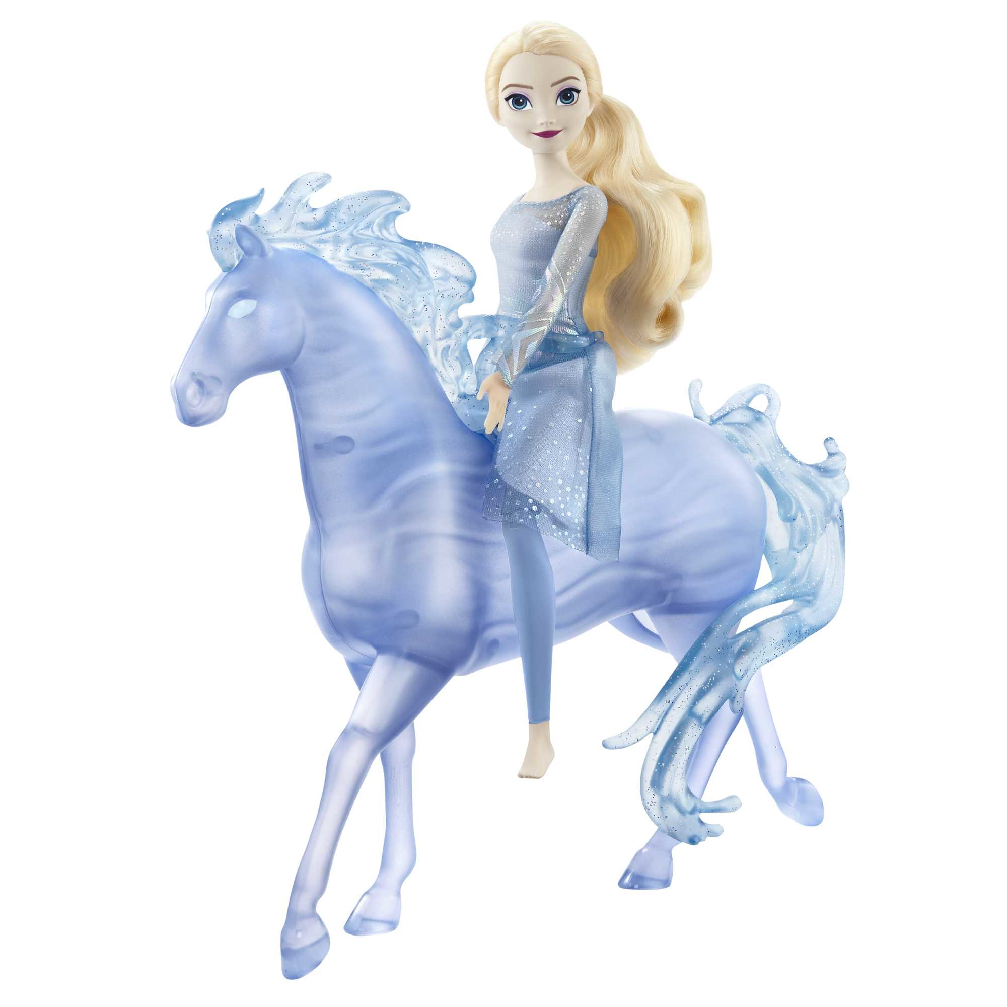 Eine Puppe von Elsa, die ein durchscheinendes blaues Pferd reitet. Elsa hat blondes Haar und trägt ein blaues Kleid.