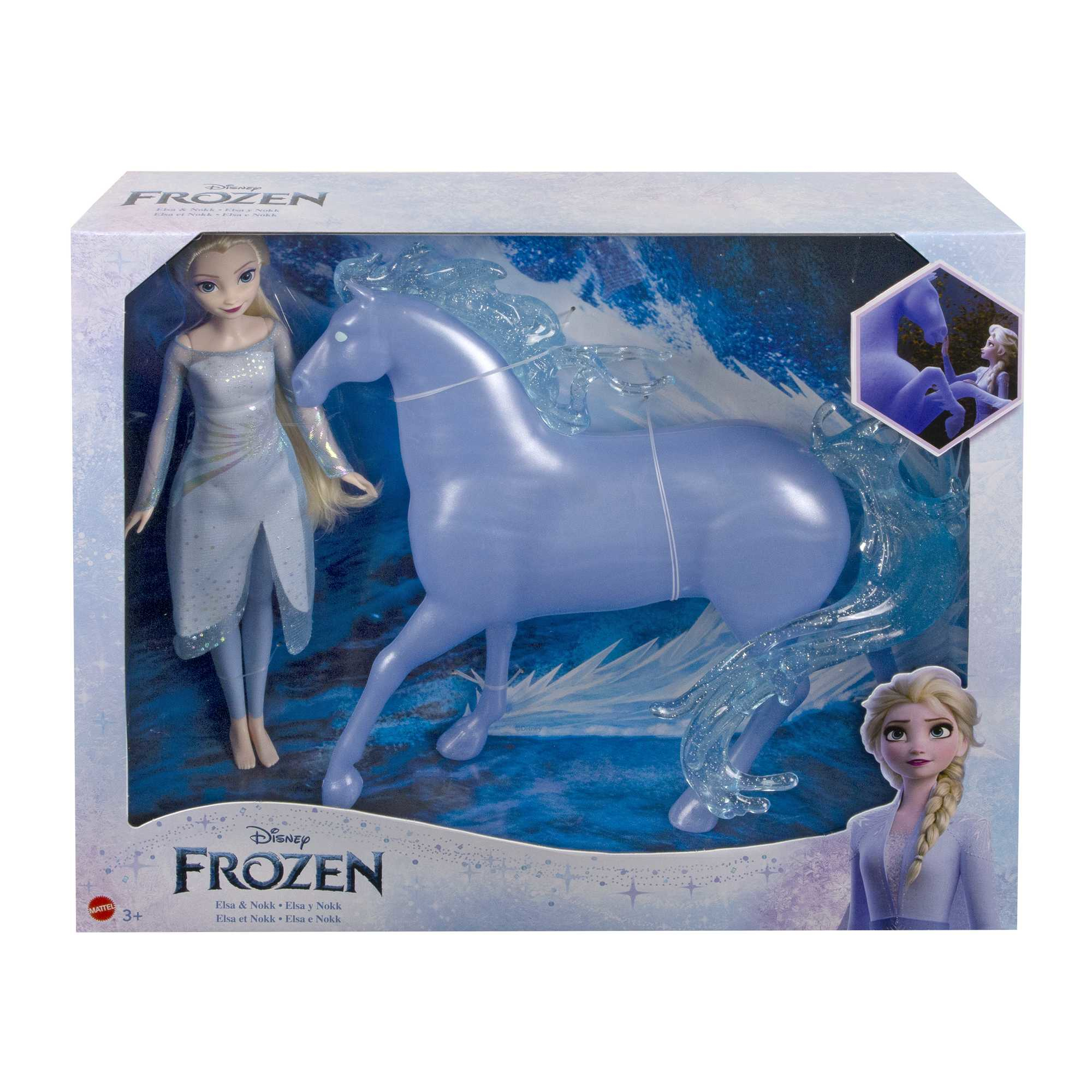 Frozen-Spielzeugset mit Elsa-Puppe und Nokk, dem Pferd. Die Box hat das Frozen-Logo und Bilder.