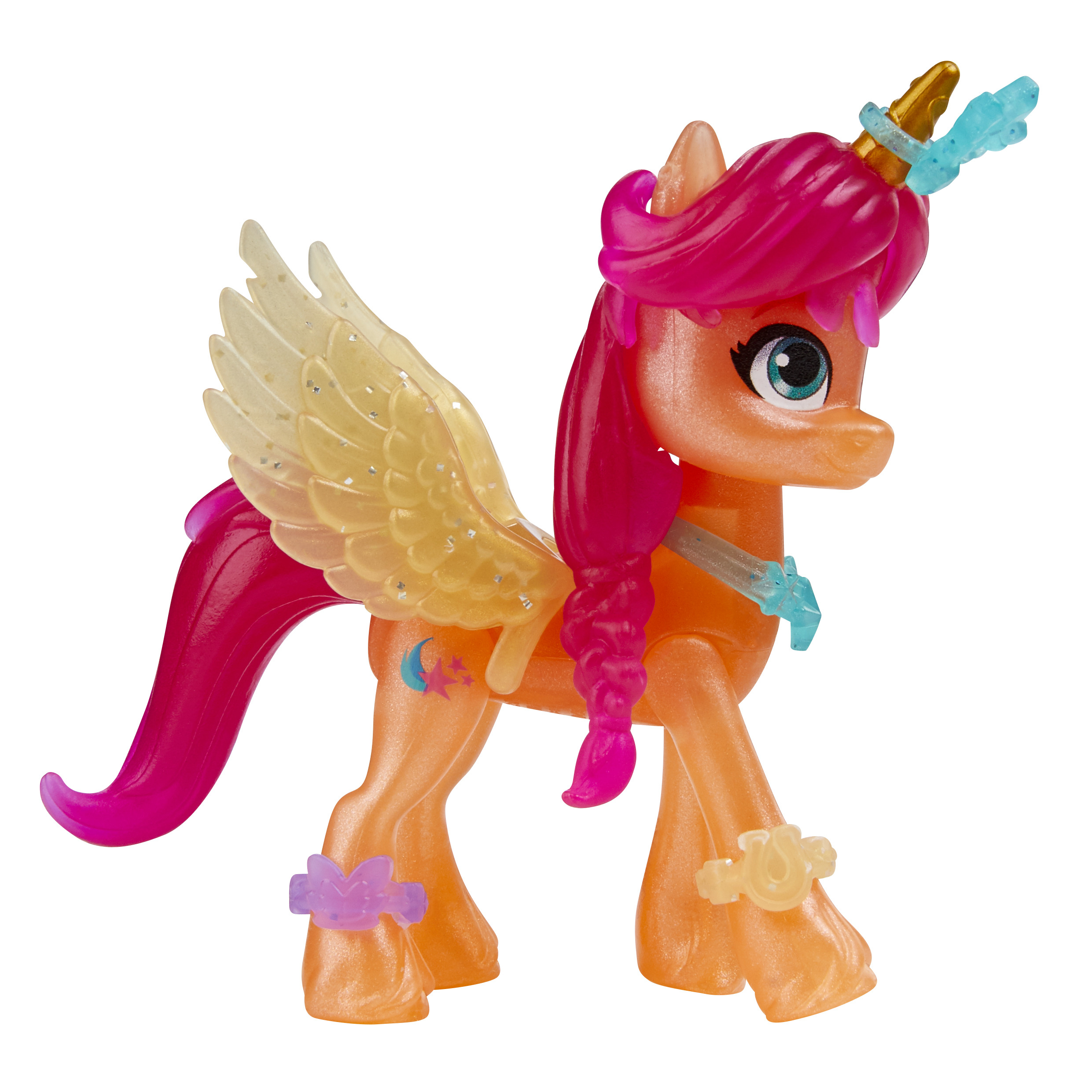Un poni de juguete con alas, un cuerno y una melena rosa. Tiene detalles azules y un cuerpo naranja claro.