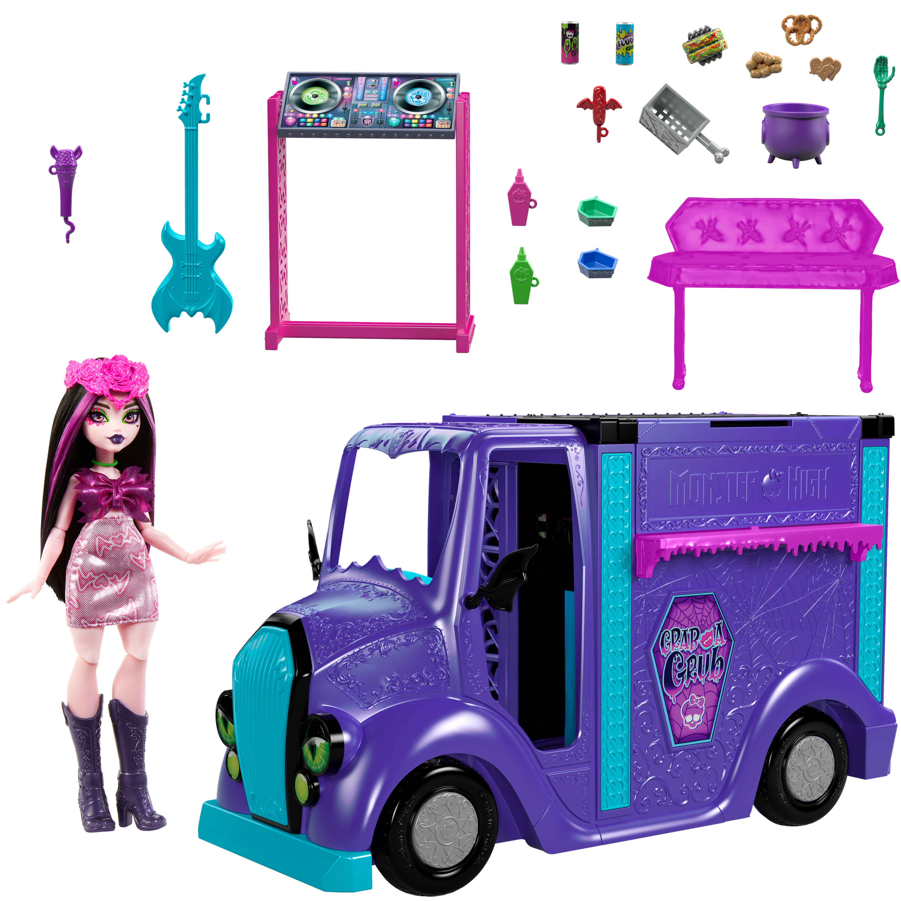 Ein Monster High-Spielset mit Puppe, Imbisswagen, DJ-Pult und Zubehör in verschiedenen Farben.