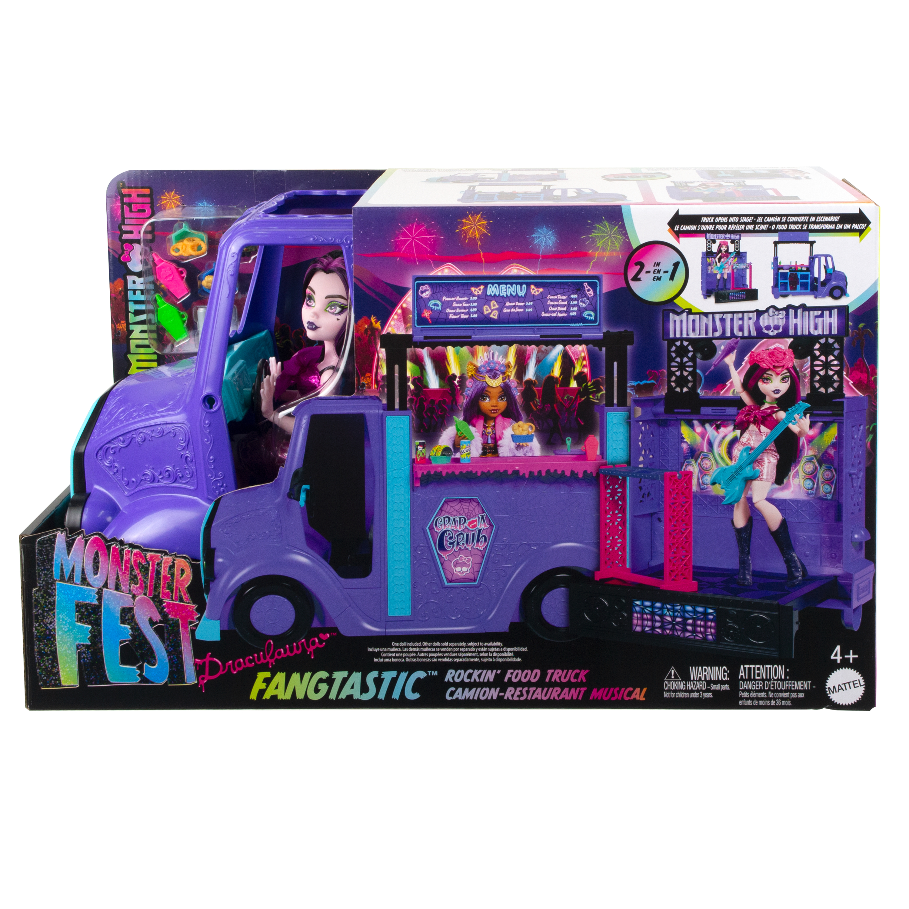 Monster High Foodtruck-Spielzeug. Lila LKW mit Puppen, Bühne und Menü. Enthält Puppen und Zubehör.