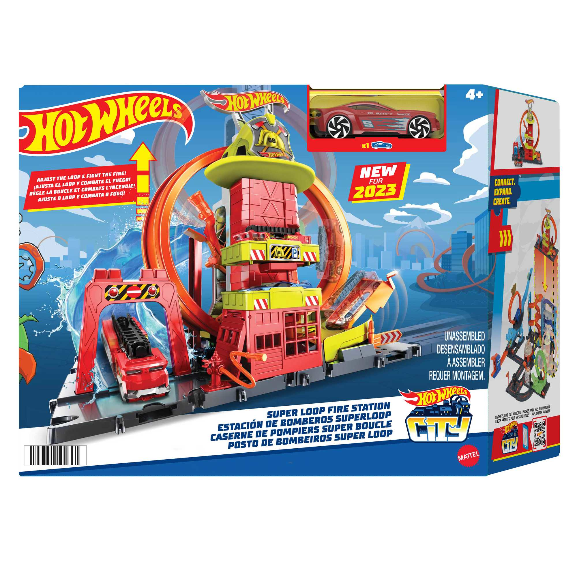 Zestaw Hot Wheels Super Loop Fire Station. Zawiera pętlę, remizę strażacką i zabawkowy samochód. Pudełko wskazuje wiek 4+.