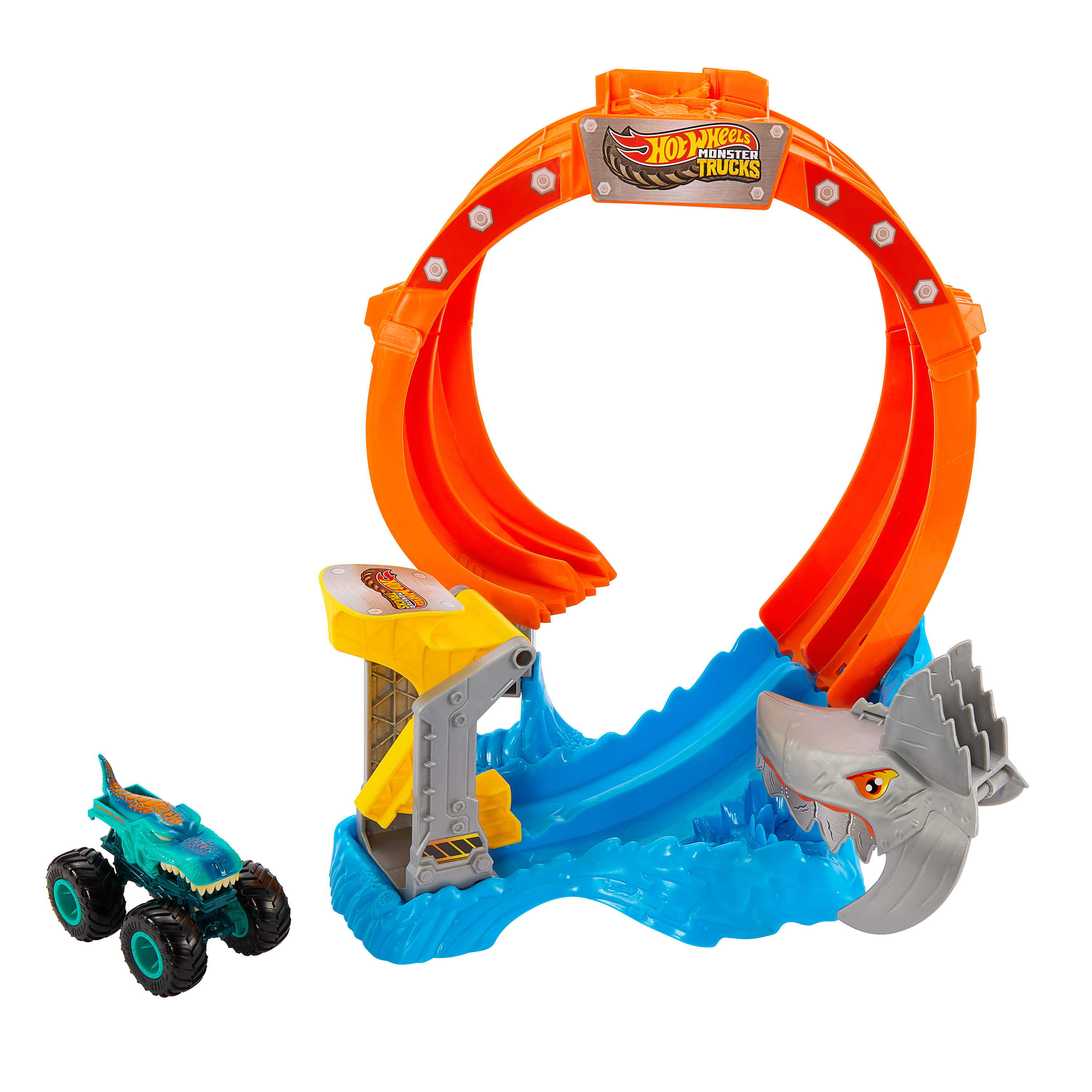 Ein Hot Wheels Monster Trucks Spielset. Oranger Loop, Hai-Maul, blaue Welle und grüner Monstertruck links.