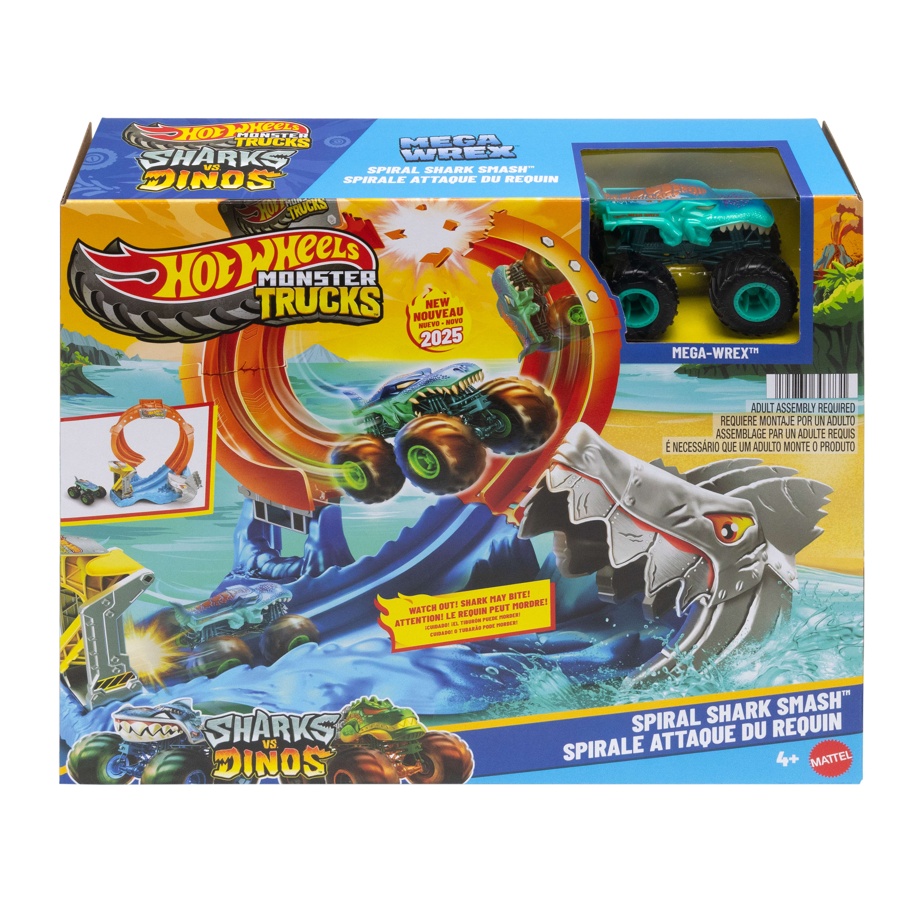 Verpackungsdesign für Hot Wheels Monster Trucks, mit einem Hai- und Dino-Themen-Track-Set und Autos.