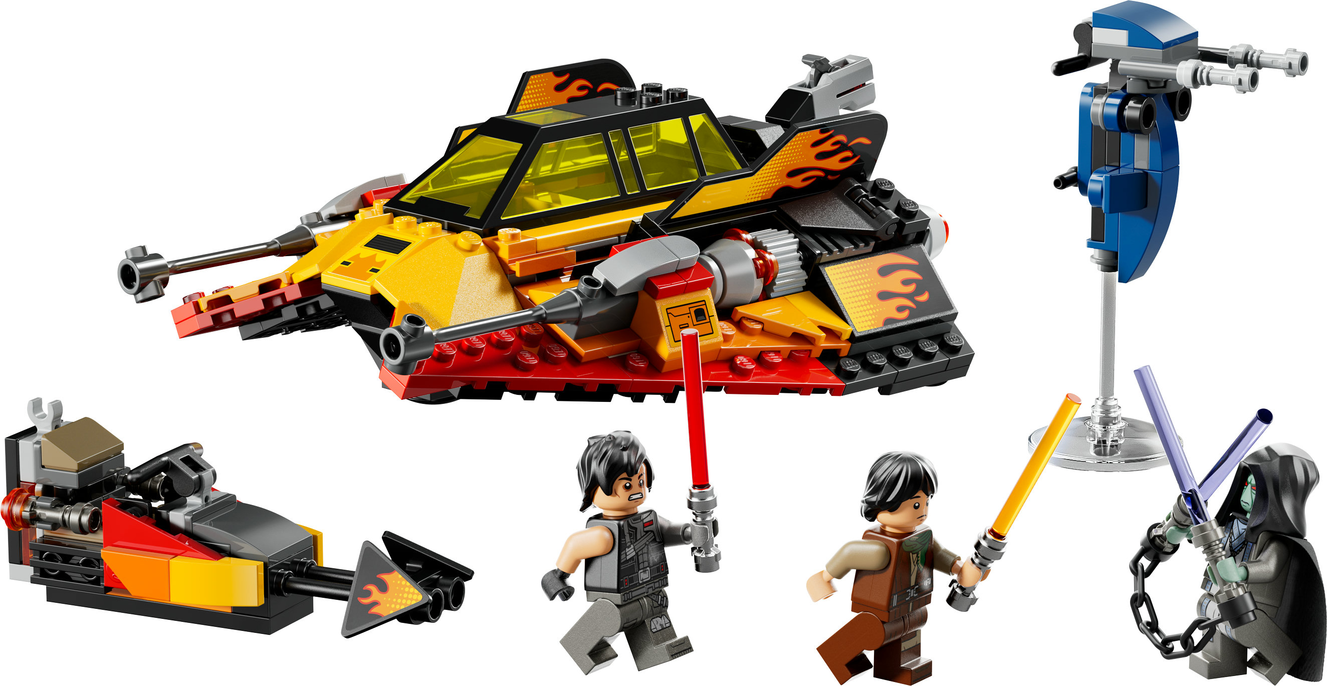 Zestaw Lego Star Wars. Zawiera żółty i czerwony pojazd, minifigurki z mieczami świetlnymi i inne konstrukcje Lego.