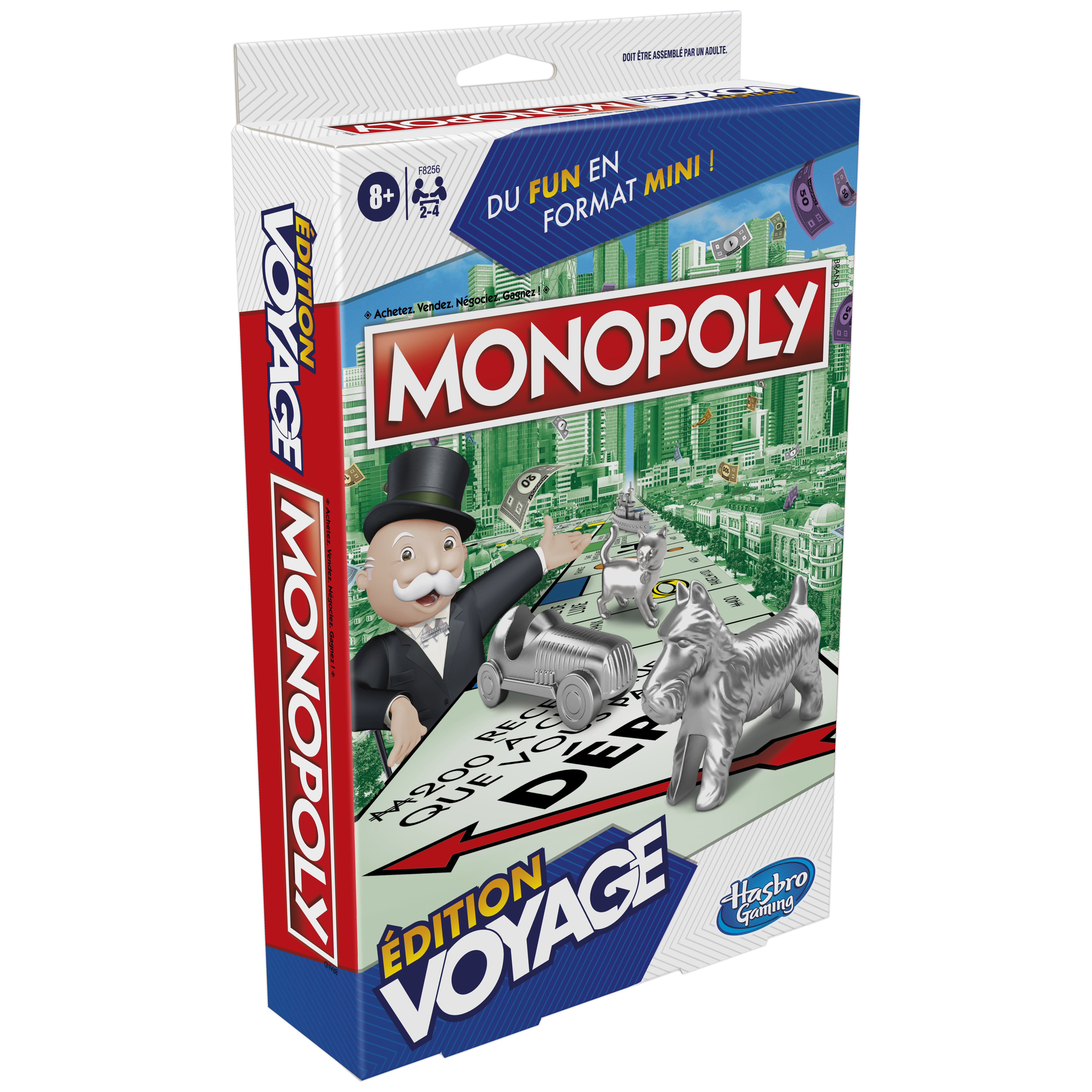 Eine Monopoly-Spielbox. Sie hat das Logo des Spiels, Bilder und Text auf Französisch.