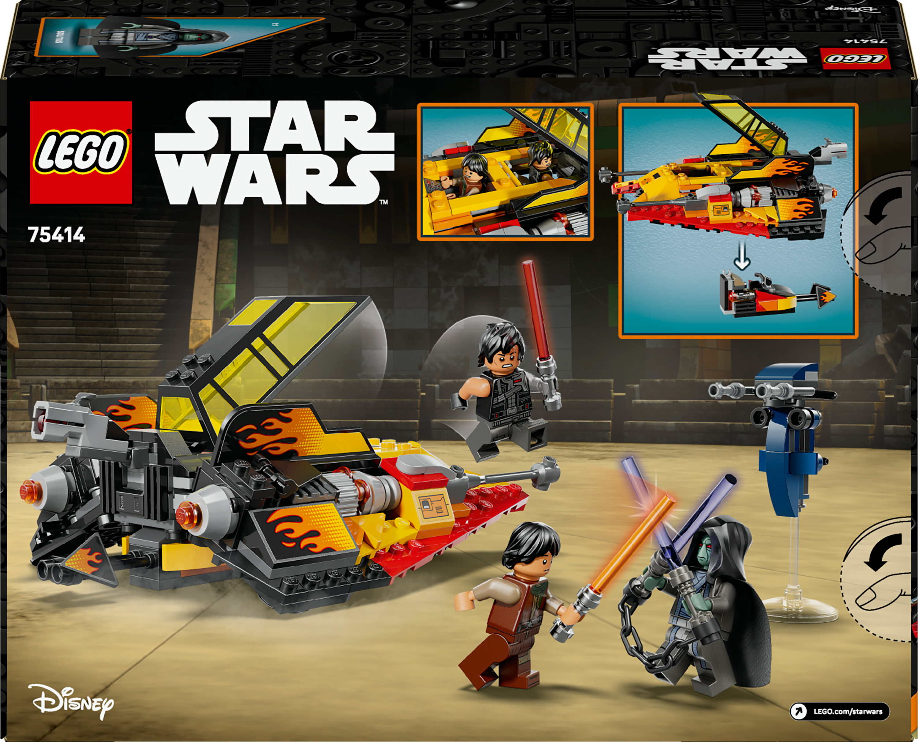 Pudełko Lego Star Wars. Pokazuje żółto-czarny statek kosmiczny, z minifigurkami i mieczami świetlnymi. Widoczne logo Disneya.