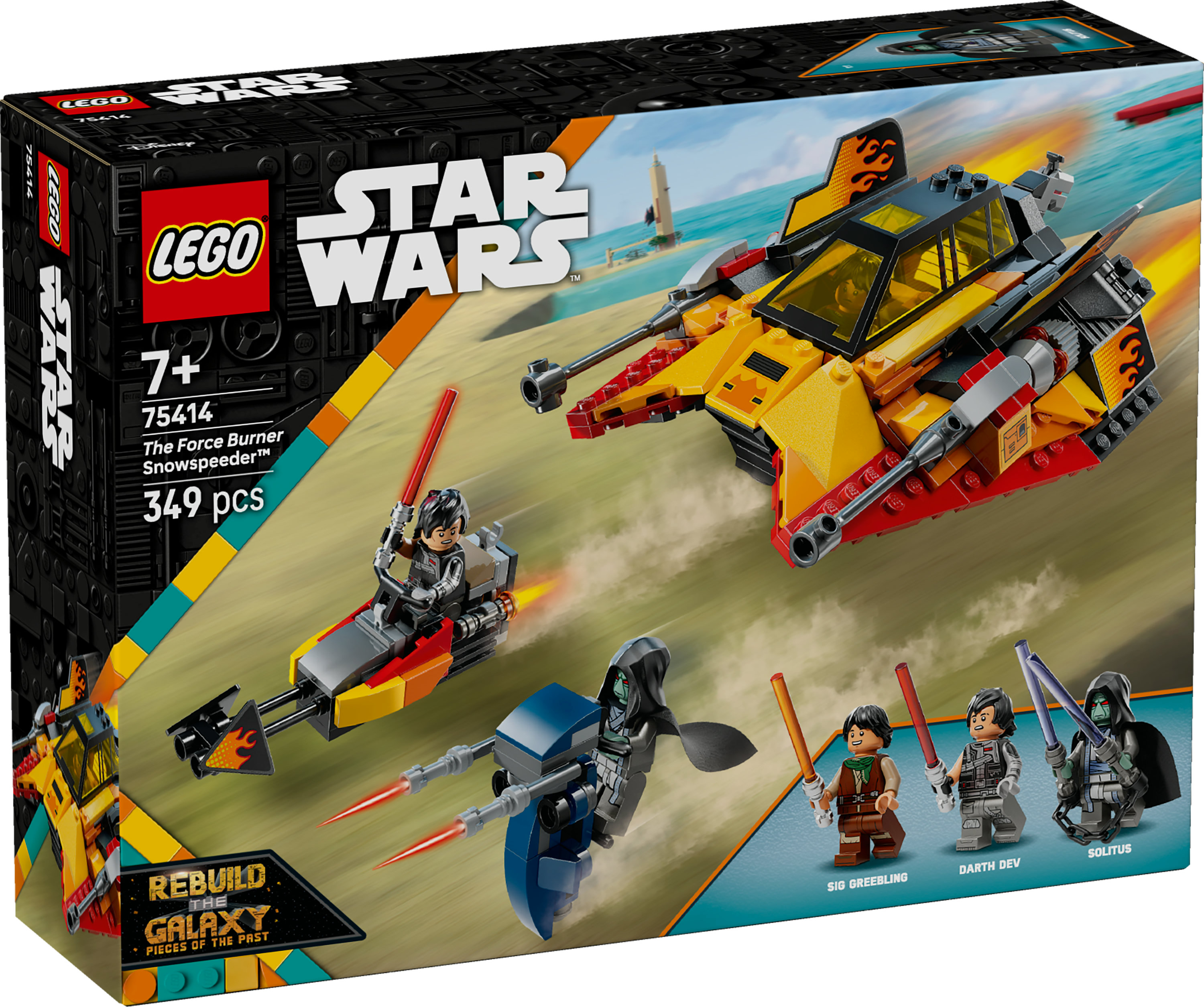 Pudełko Lego Star Wars. The Force Burner Snowspeeder. Pokazuje figurki i statki Lego w akcji z zielonym tłem.