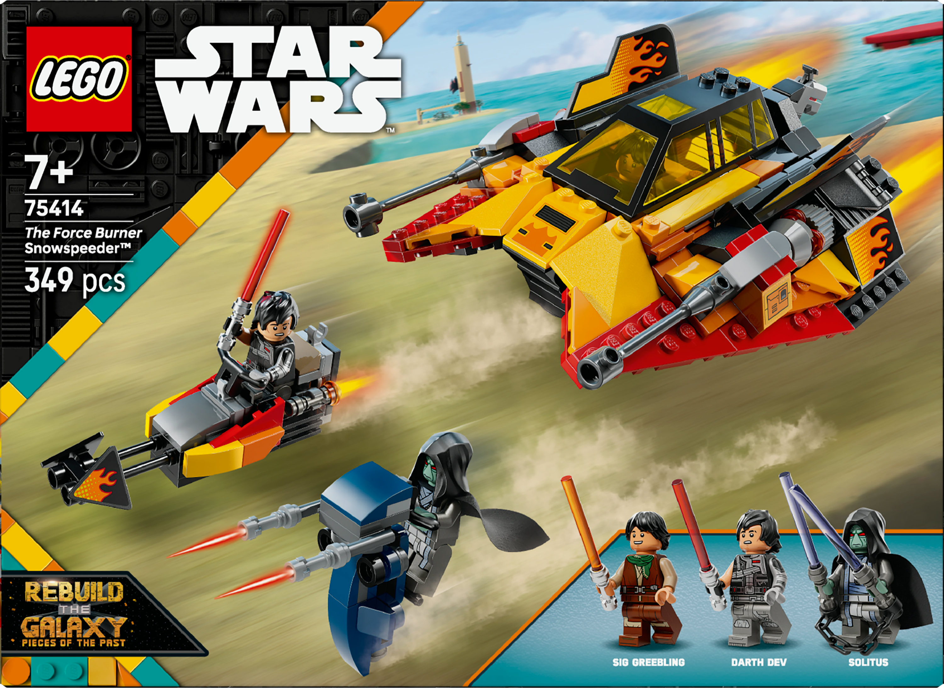 Zestaw LEGO Star Wars. Zawiera wiele pojazdów i minifigurek, z tłem planety z wodą i wieżą.