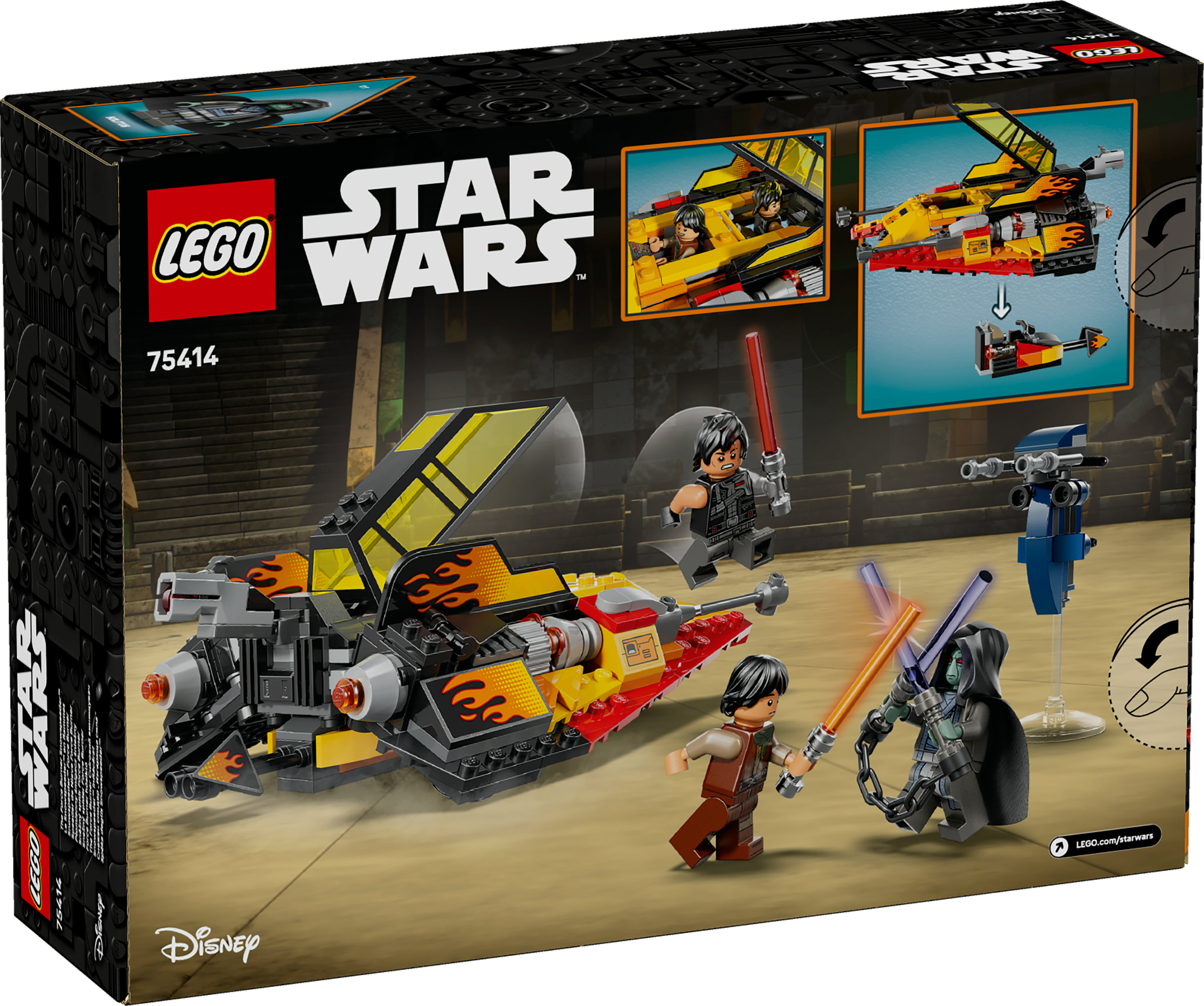 Pudełko LEGO Star Wars. Przedstawia czerwono-żółty pojazd z minifigurkami walczącymi mieczami świetlnymi. Logo Disneya.