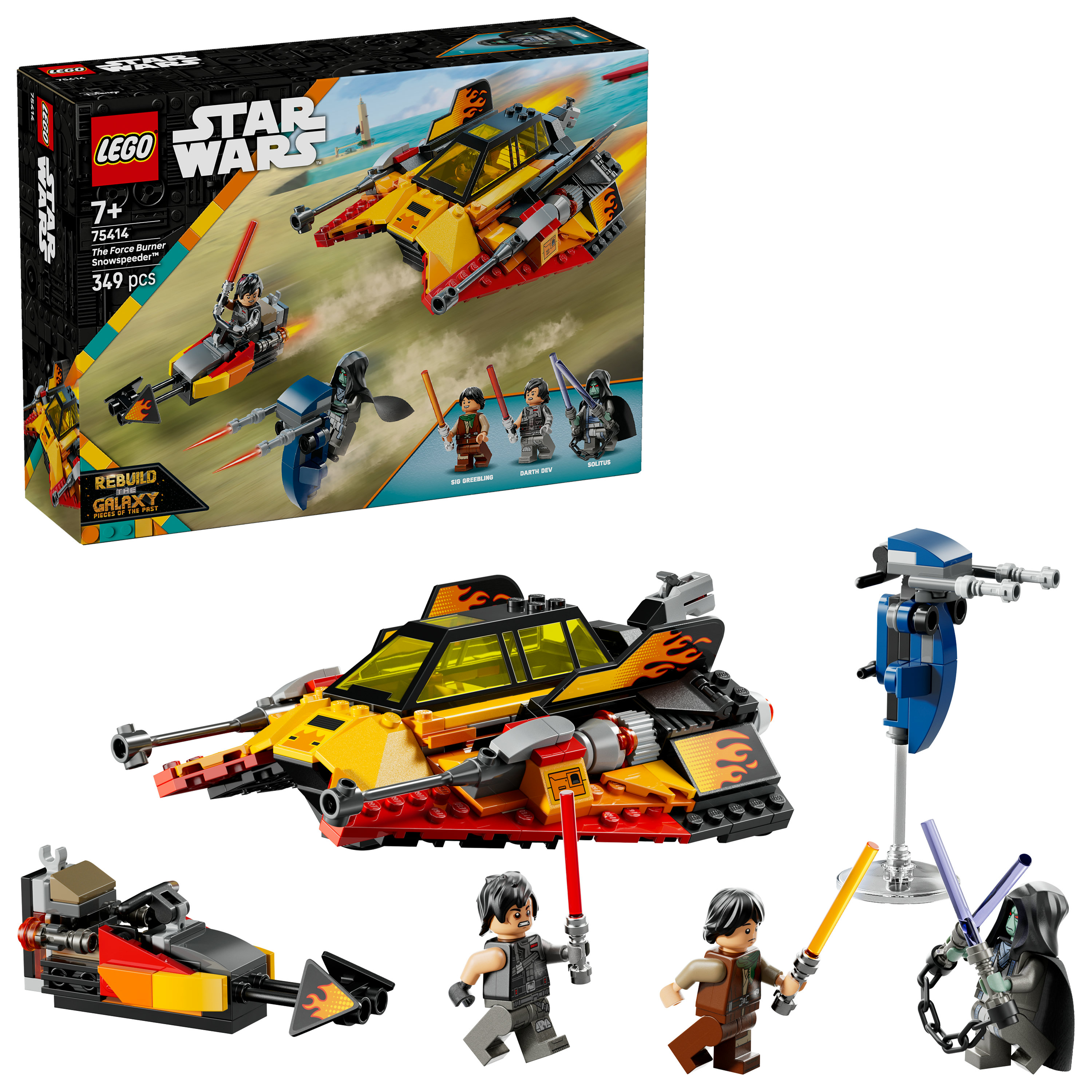 Zestaw Lego Star Wars. Zawiera pojazdy, minifigurki i akcesoria. Zestaw przedstawia scenę z uniwersum Gwiezdnych Wojen.
