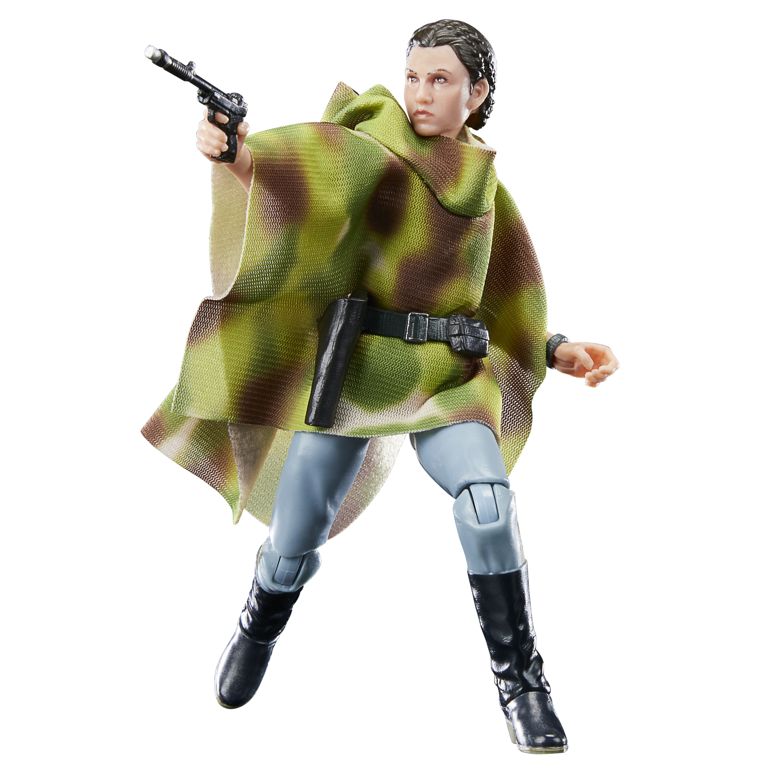 Una figura de una persona con un poncho verde y marrón apuntando con una pistola. Llevan cinturón y botas.