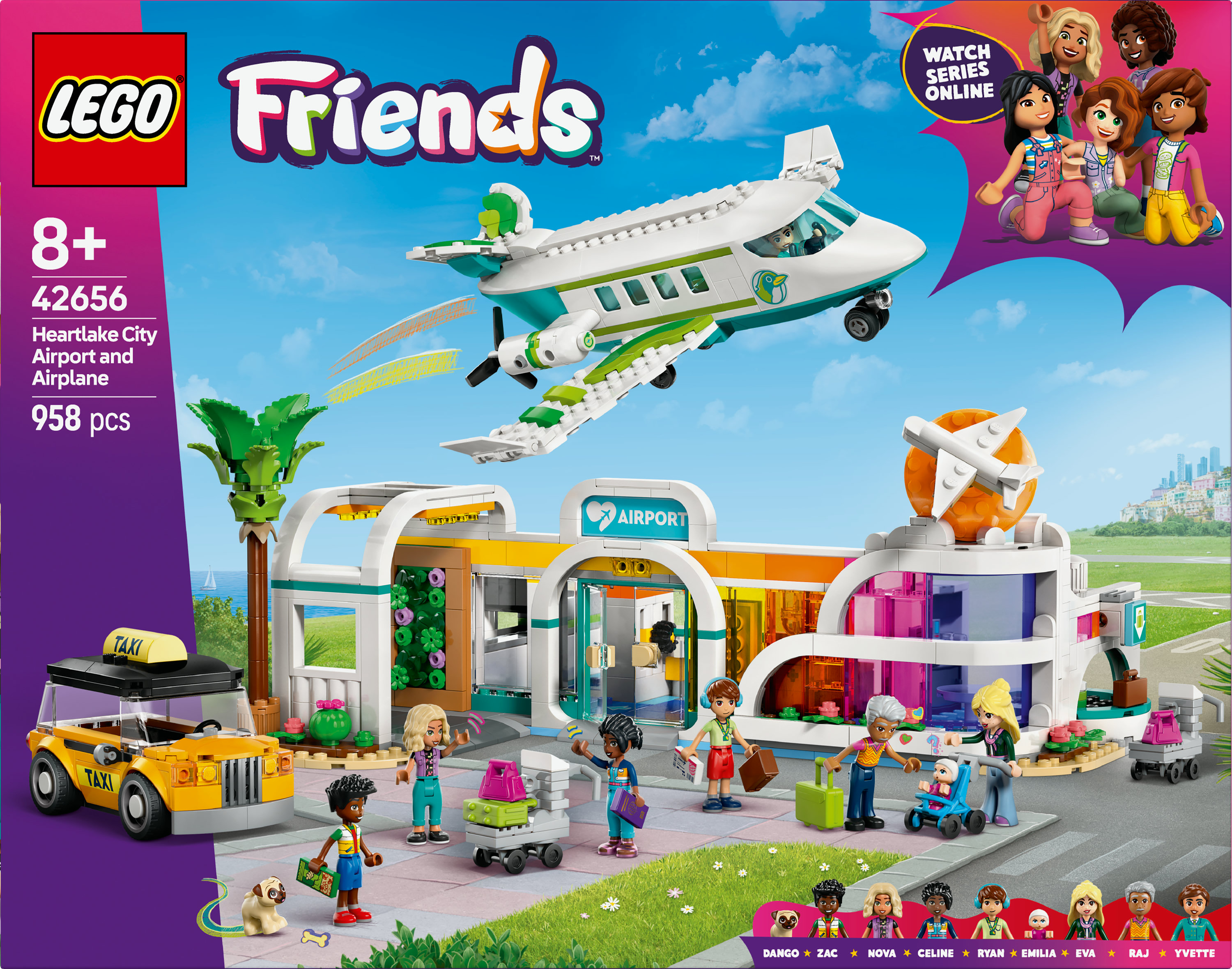 Set Lego Friends. Include un aeroporto, un aereo, un taxi e diverse figure Lego. Set di costruzione colorato e dettagliato.