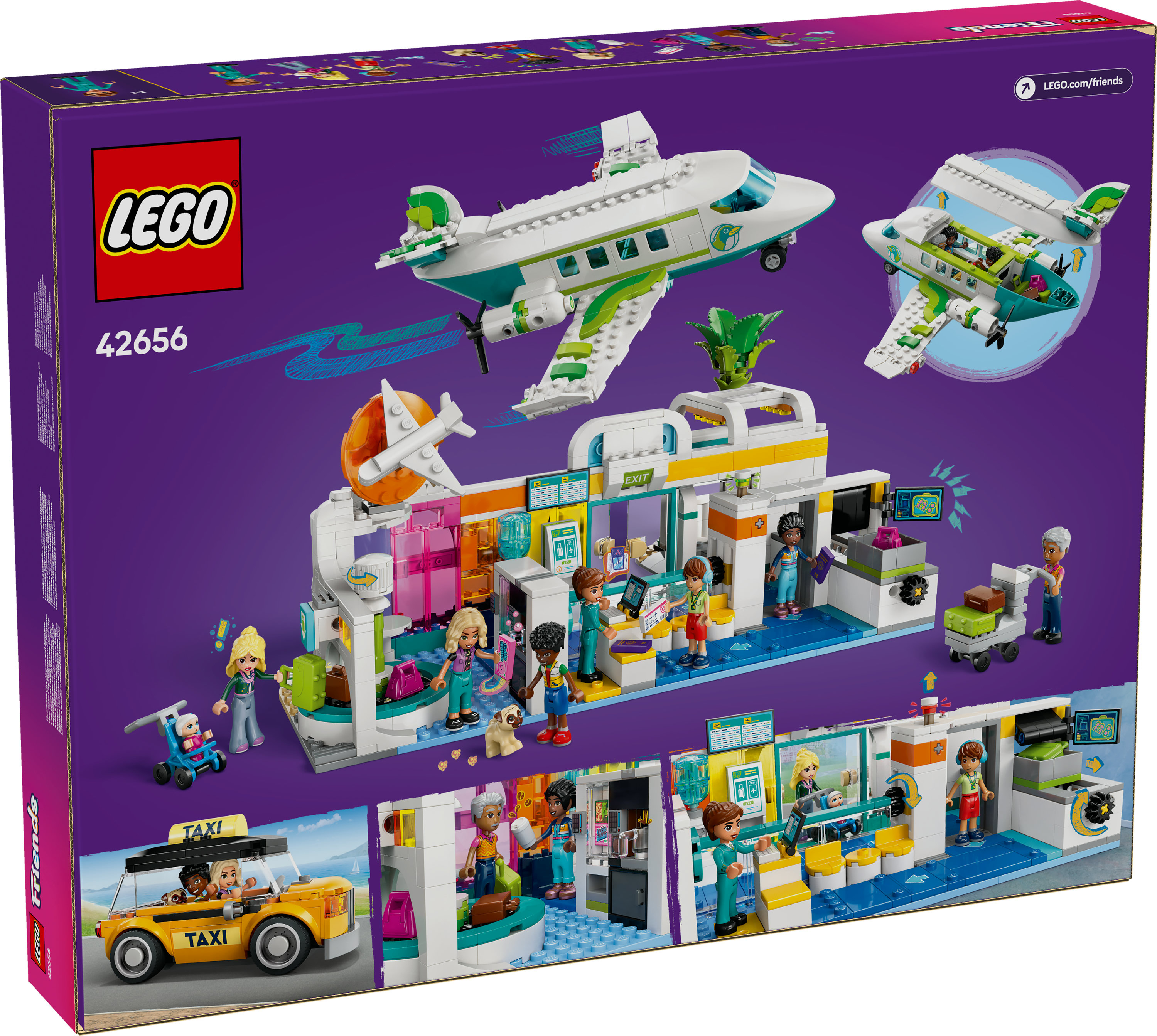 Scatola del set Lego che mostra aeroporto, aerei, taxi e personaggi Lego. Sfondo viola.