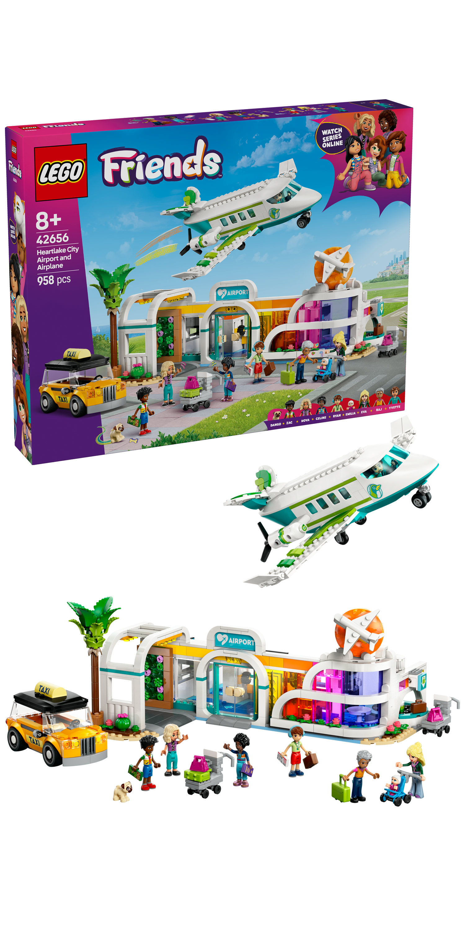 Set Lego Friends. Aeroporto con aereo e taxi. Include personaggi Lego, un cane, bagagli e una torre di controllo.