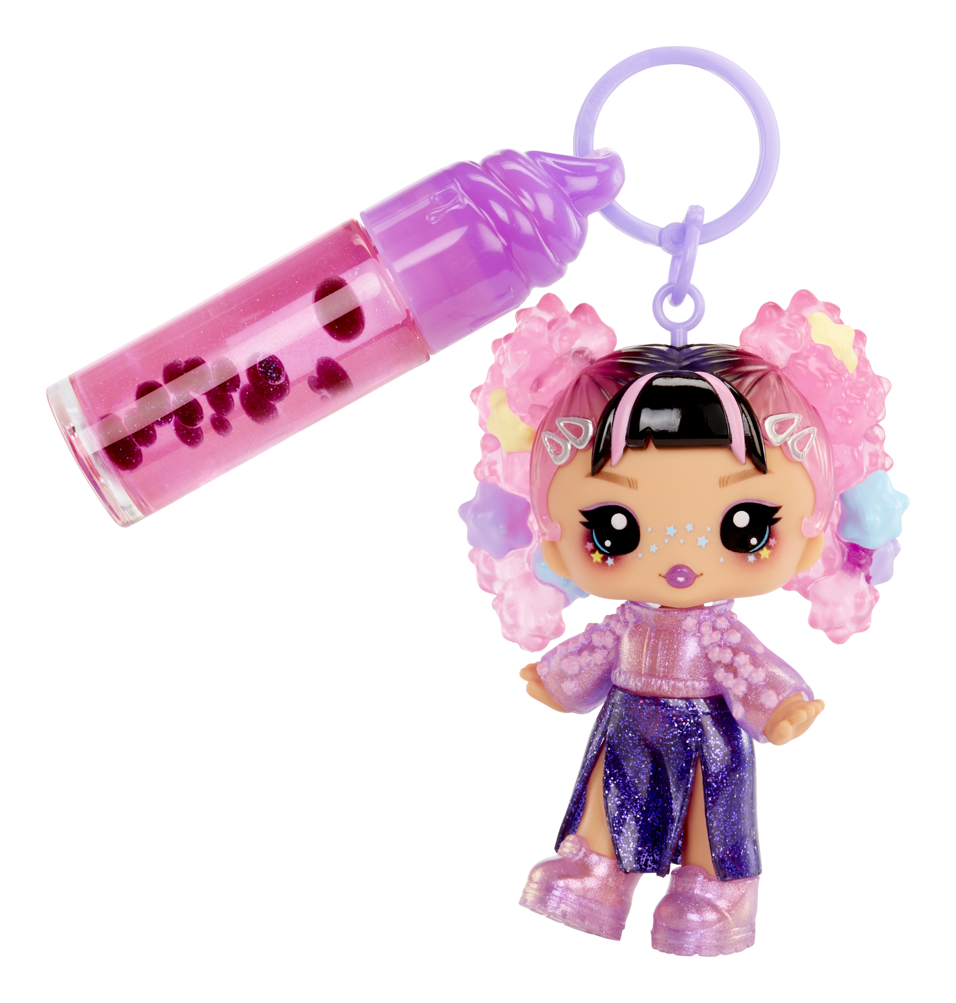 Eine Puppe und Lipgloss. Die Puppe trägt ein lila Outfit. Der Lipgloss ist rosa und hat lila Glitzer.
