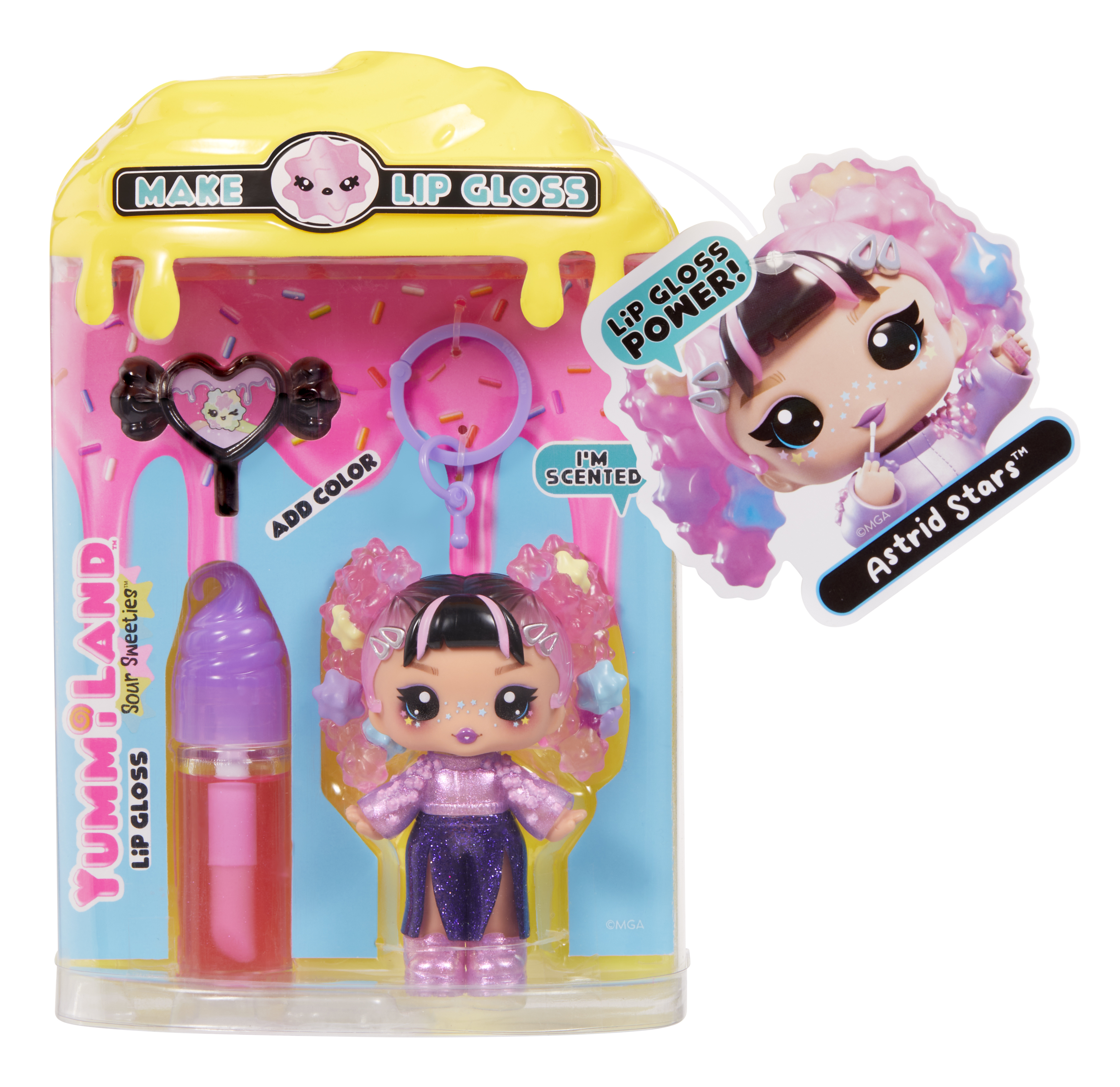 Ein Lipgloss-Set mit einer Puppe. Die Verpackung ist gelb und rosa. Die Puppe trägt ein lila Kleid und hat rosa Haare.