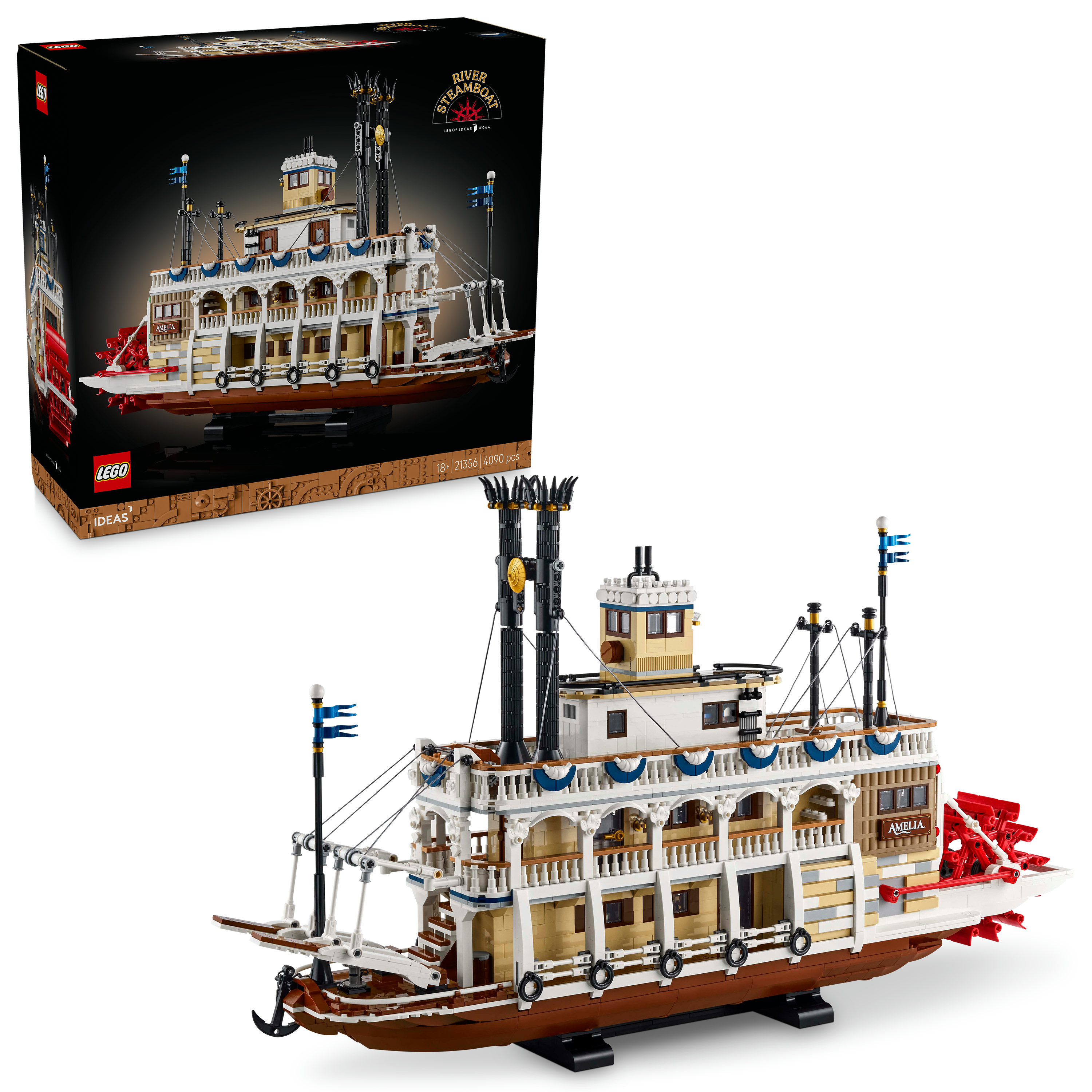Model parowca LEGO, z pudełkiem w tle. Łódź jest biało-brązowa, z czerwonymi kołami łopatkowymi. Na pudełku napis 'River Steamboat'.