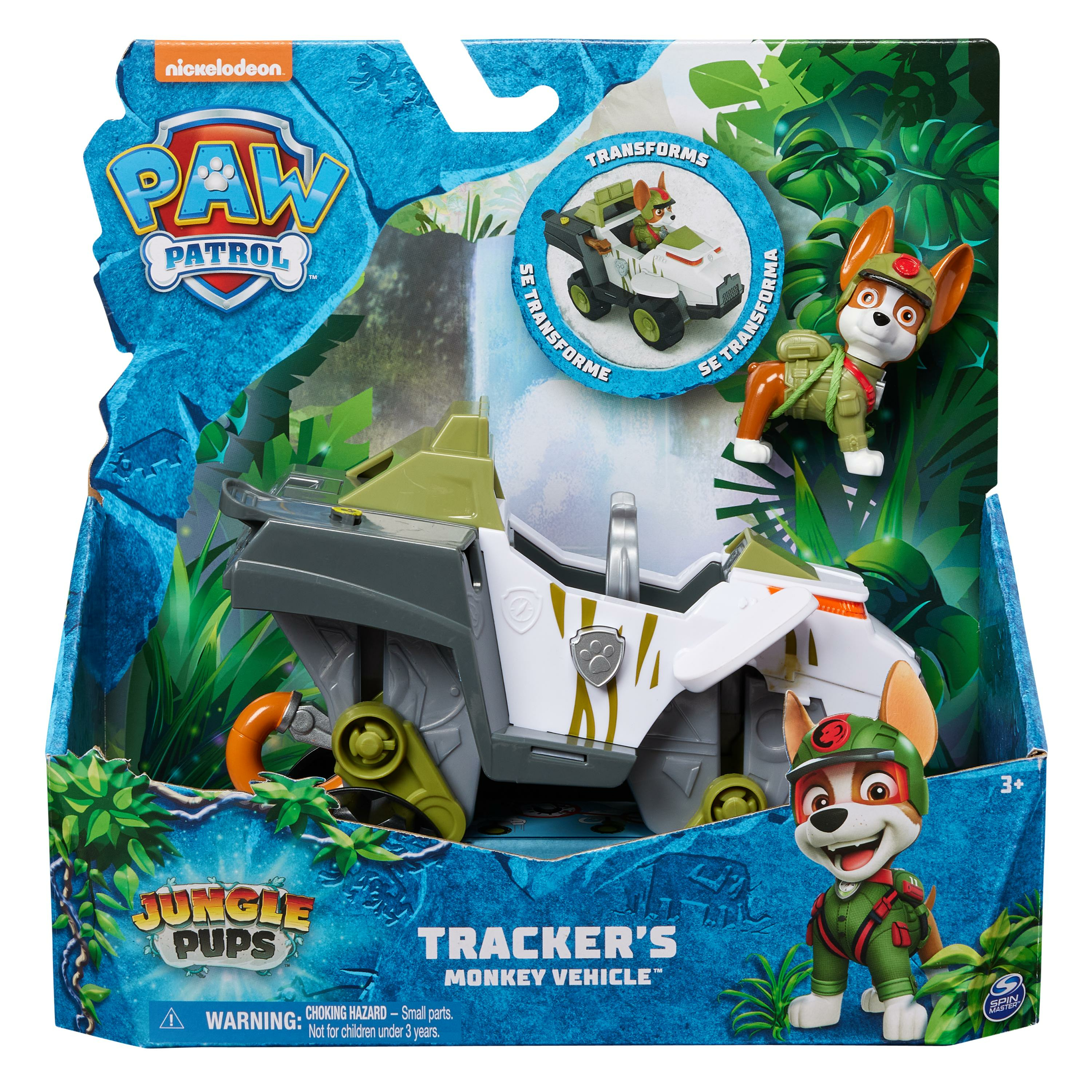 Zestaw zabawek Paw Patrol. Zawiera figurkę Trackera i biało-zielony pojazd Małpy. Pudełko ma grafikę Jungle Pups.