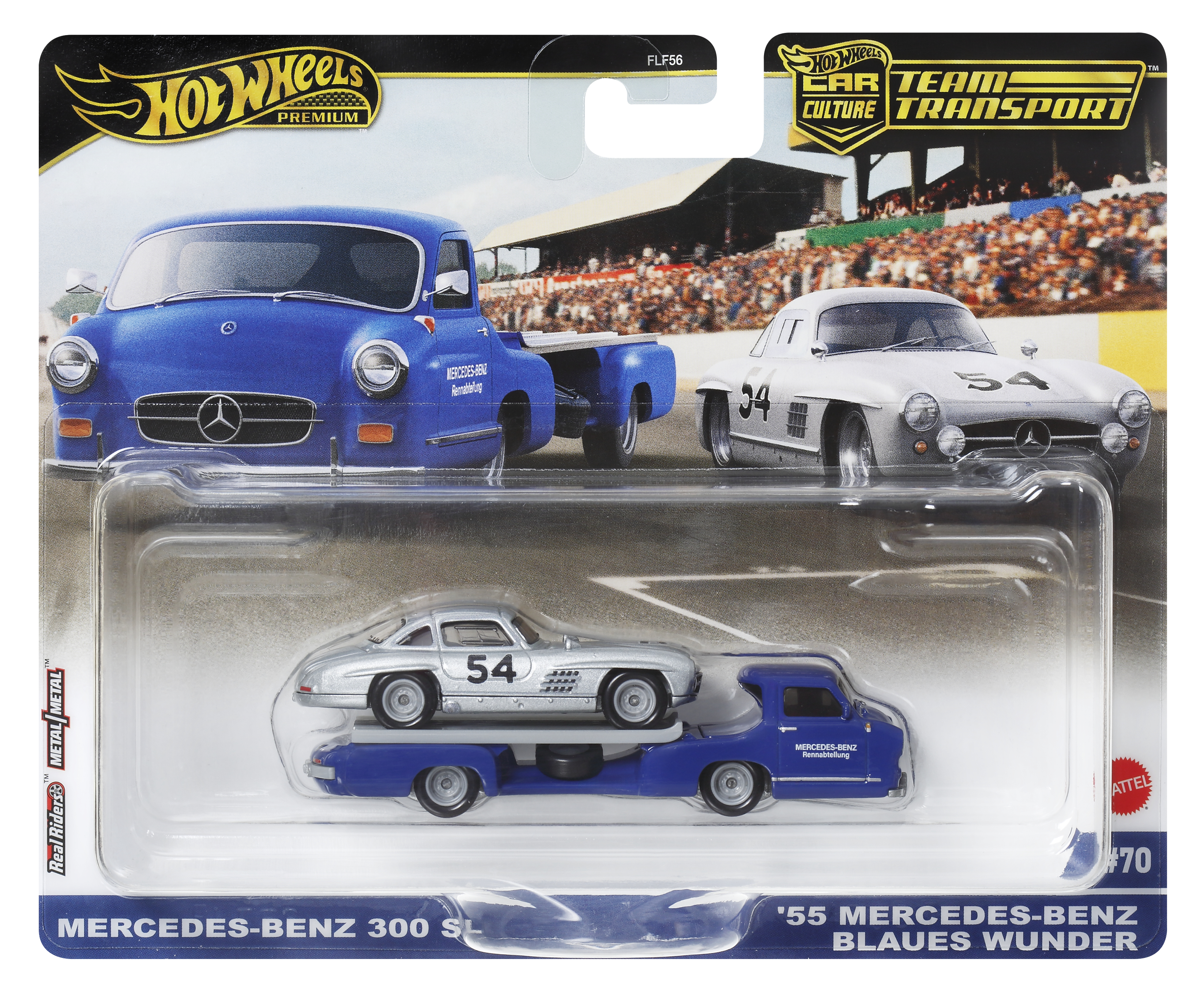 Zestaw zabawek Hot Wheels. Zawiera niebieską ciężarówkę i srebrny samochód, oba z numerem 54. Opakowanie.
