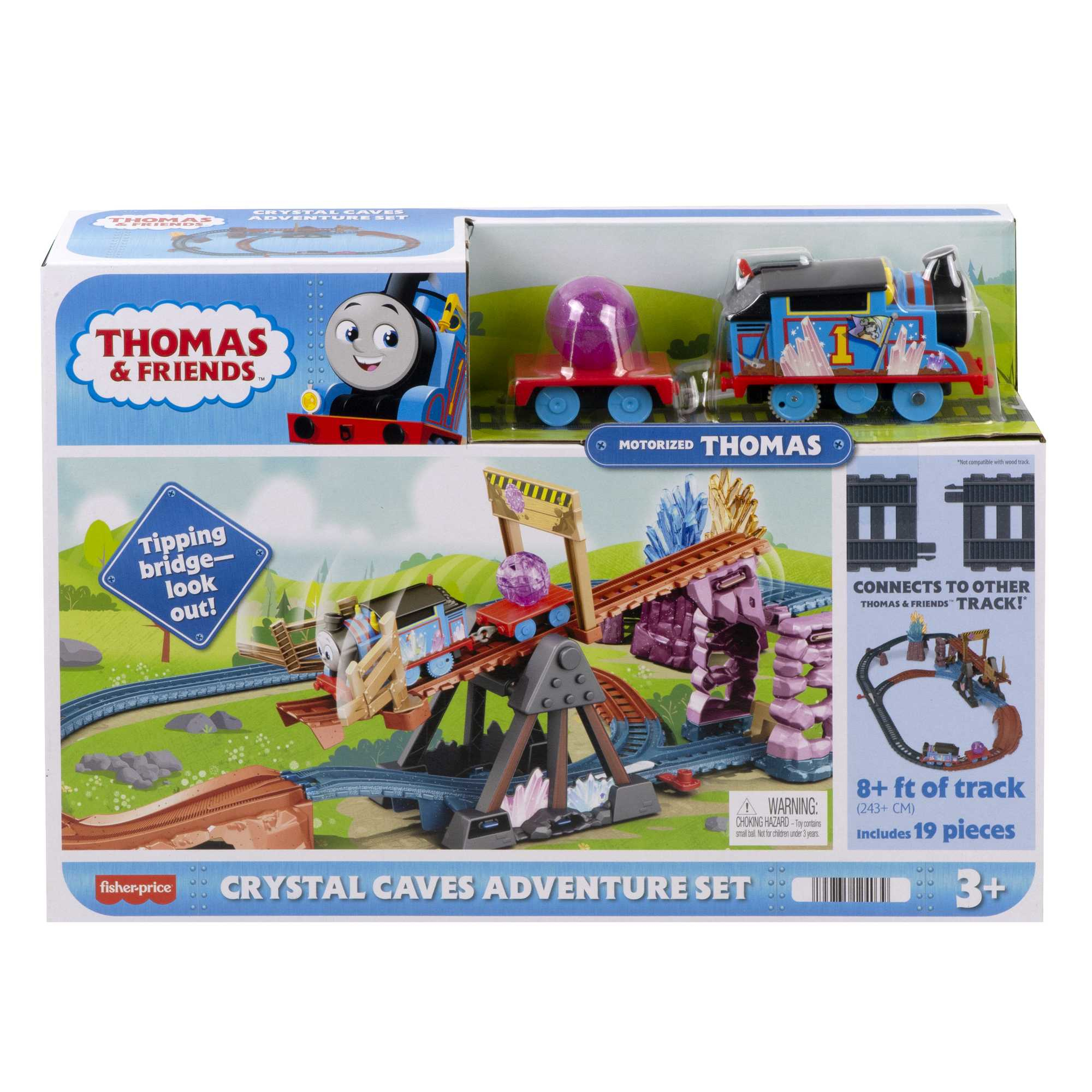 Zestaw przygód Thomas & Friends Crystal Caves. Zawiera niebieski pociąg Thomas, tory, most i elementy w tematyce kryształów.