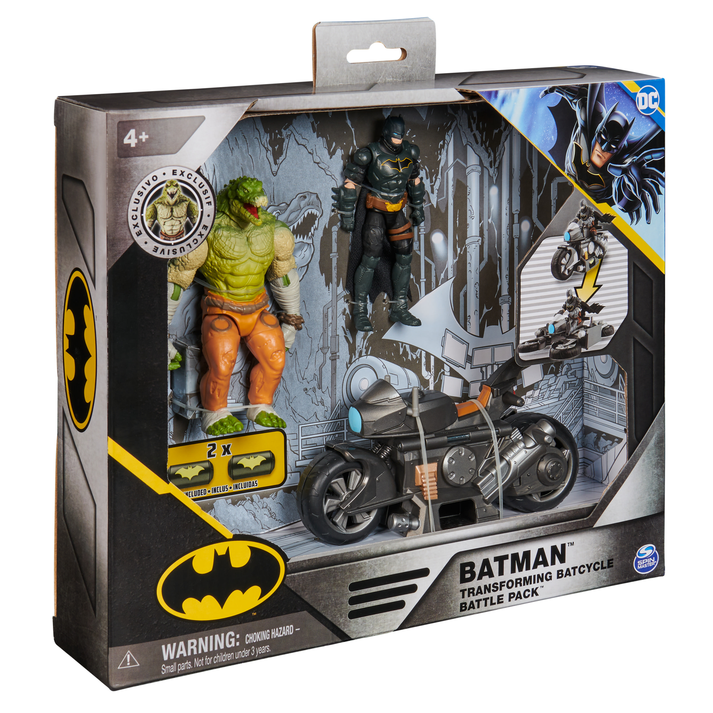Zestaw zabawek Batmana przedstawia figurki Batmana i Killer Croc oraz transformowalny Batcycle w pudełku.