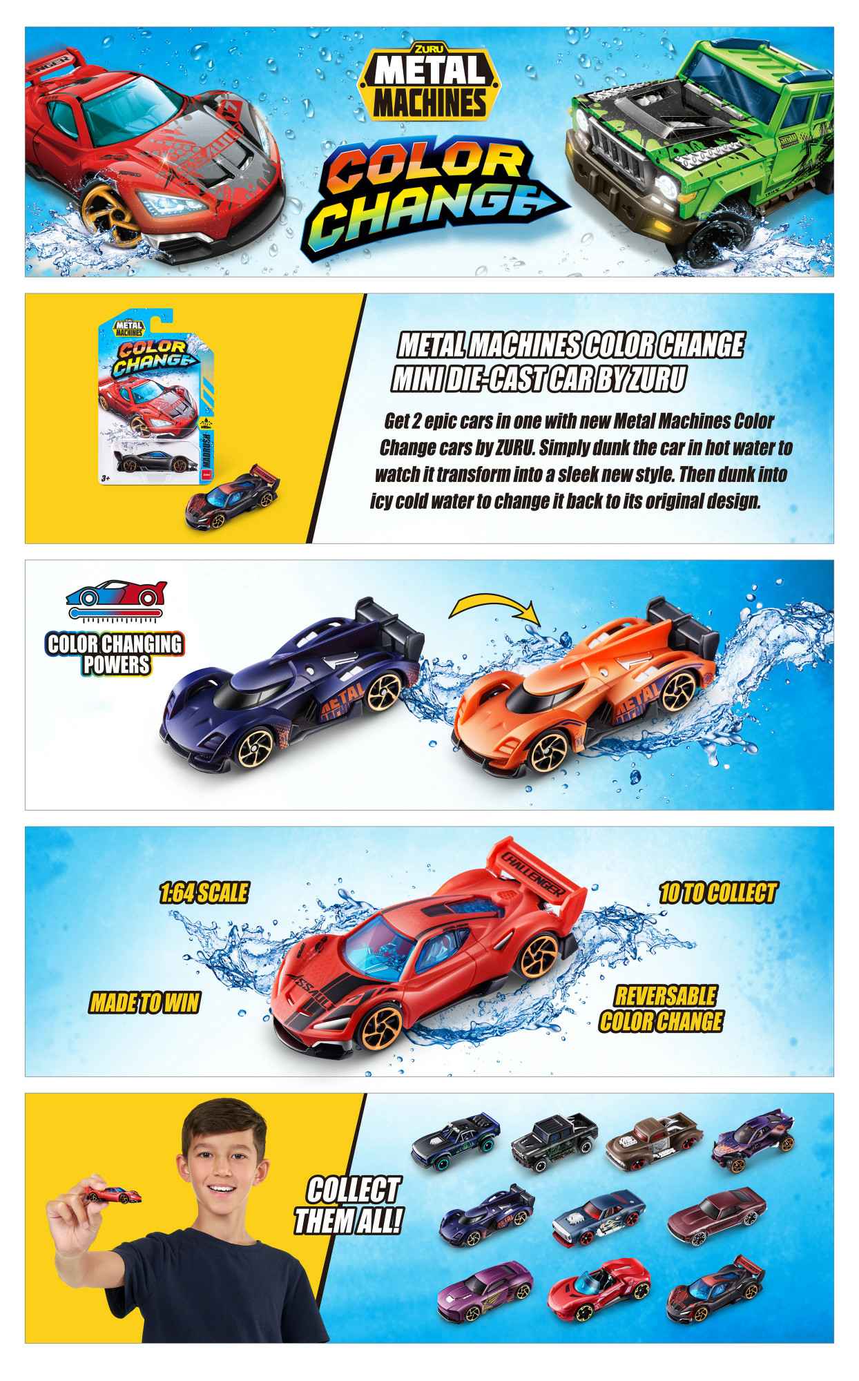 Obraz przedstawia zestaw samochodów zmieniających kolor ZURU Metal Machines. Zawiera samochody, tekst i grafikę, z efektami rozprysków wody i chłopca trzymającego samochód.