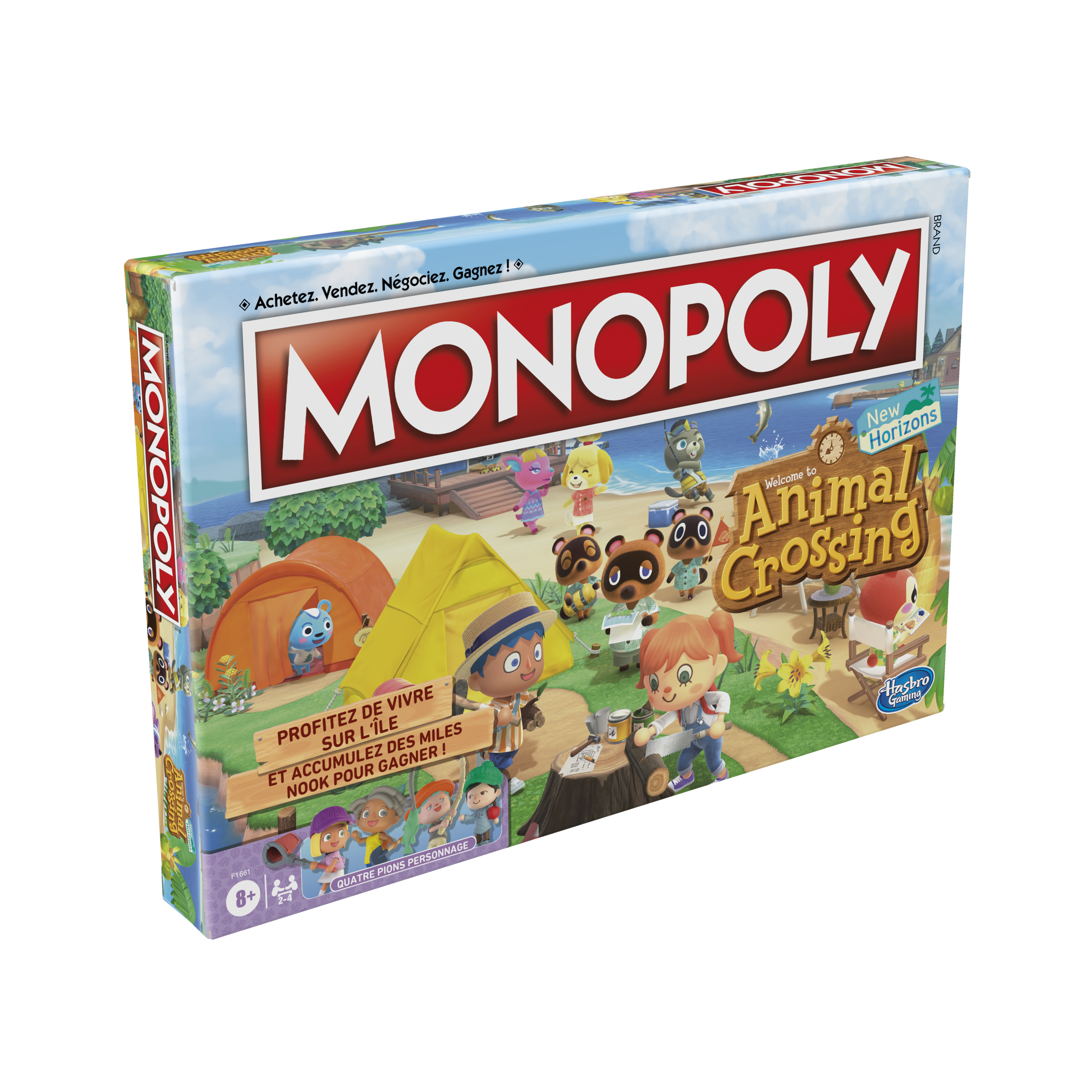 Pudełko Monopoly Animal Crossing. Postacie z gry są pokazane. Tekst zawiera tytuł gry i instrukcje.
