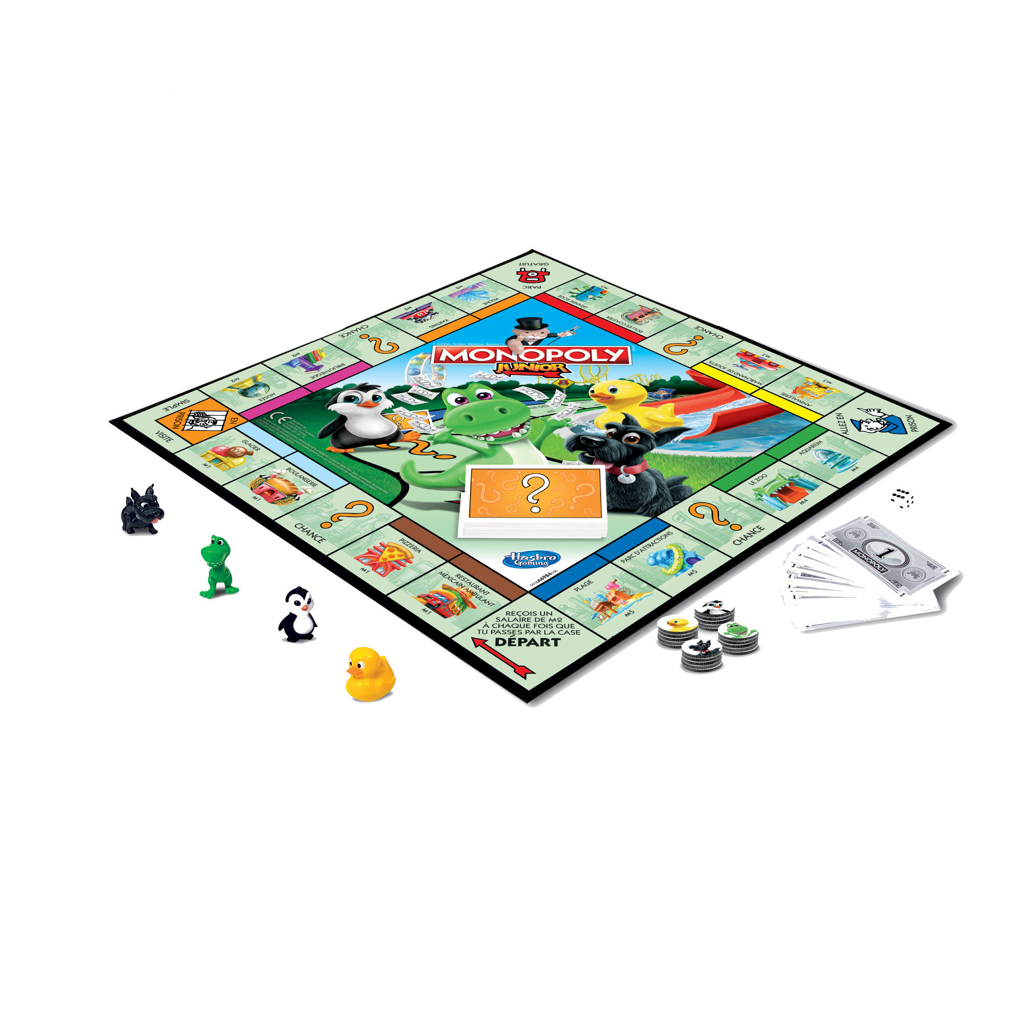 Monopoly Junior Brettspiel. Enthält Spielfiguren, Karten, Würfel und Geld. Charaktere: Pinguin, Hund, Dinosaurier, Ente.