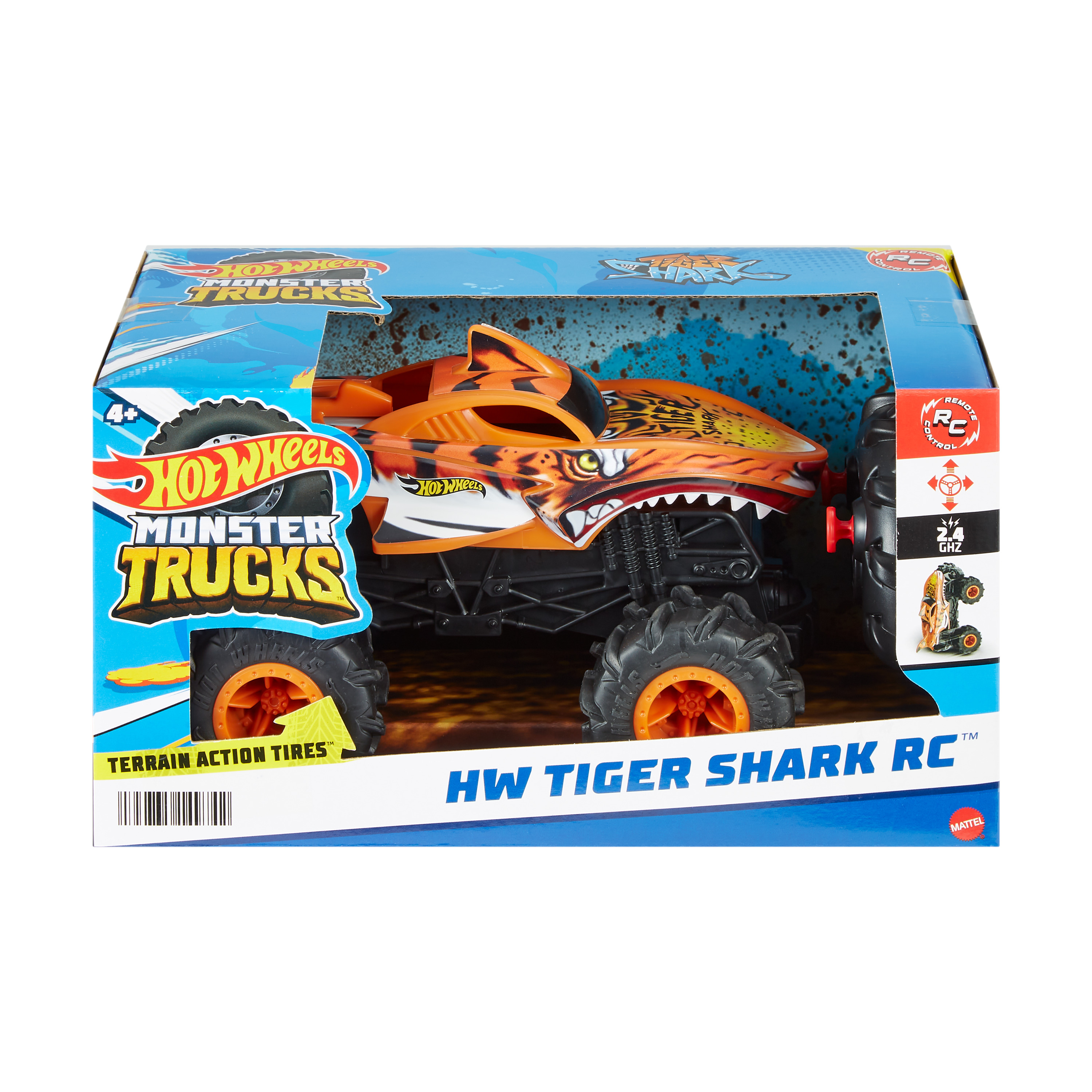 Monster truck Hot Wheels Tiger Shark RC w pudełku. Ciężarówka jest pomarańczowa i czarna.