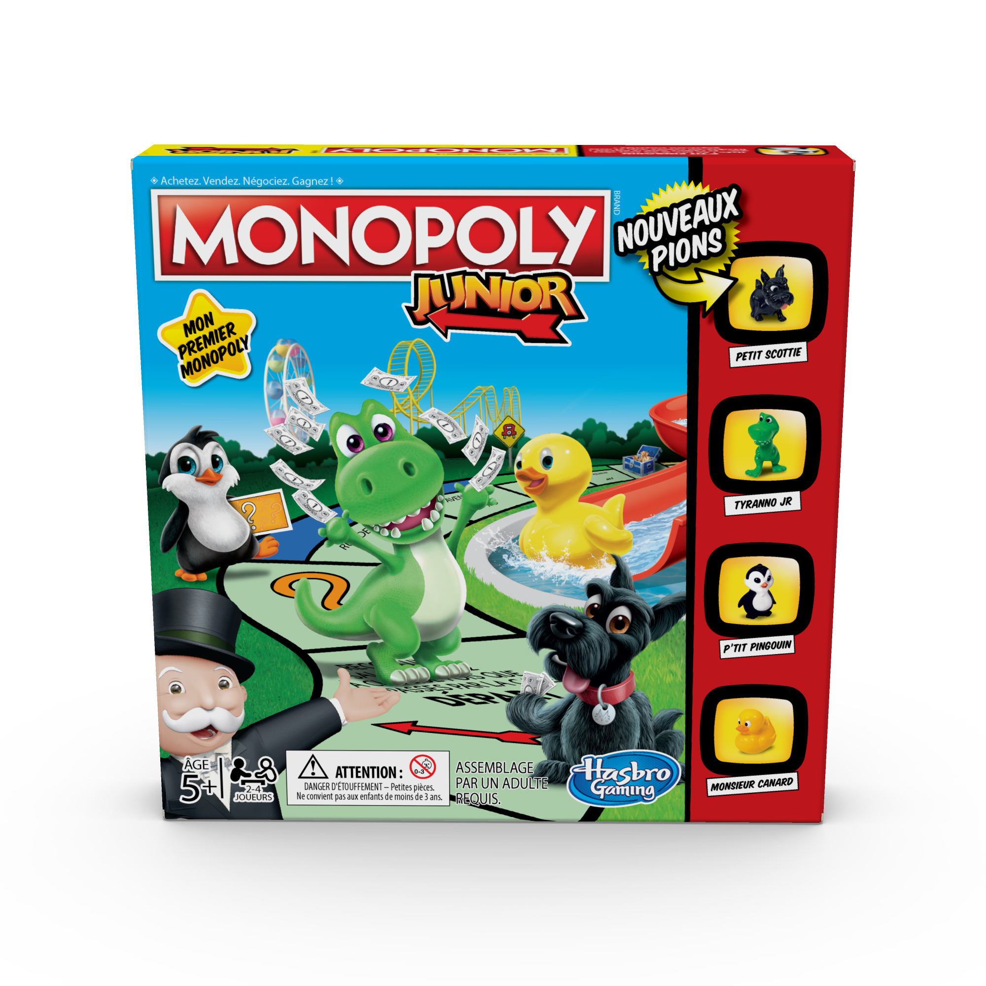 Monopoly Junior Brettspielbox. Enthält Spielfiguren wie Pinguin, Dinosaurier, Ente und Hund. Buntes Design mit Text.