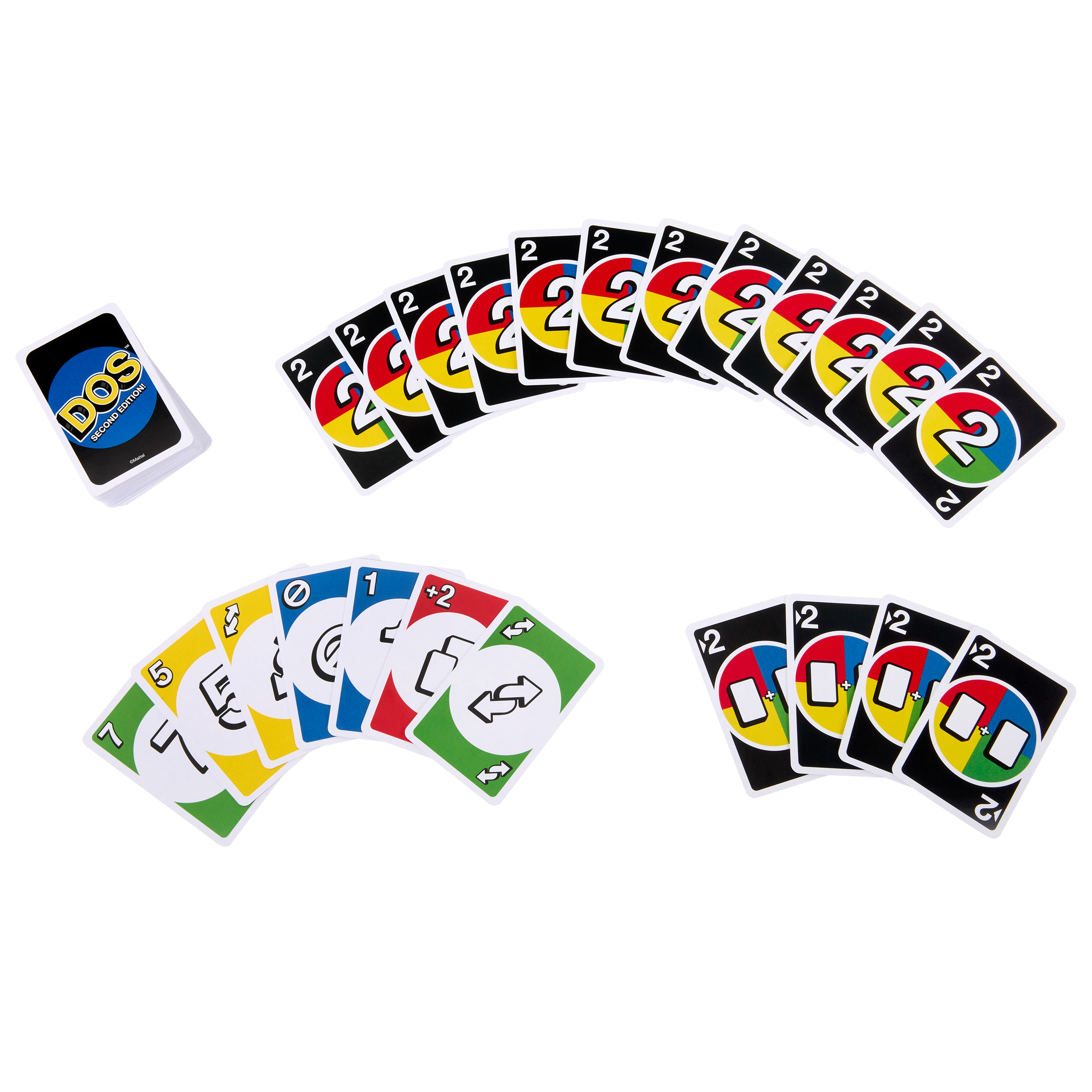 L'immagine mostra varie carte del gioco Dos con numeri e colori su sfondo bianco.