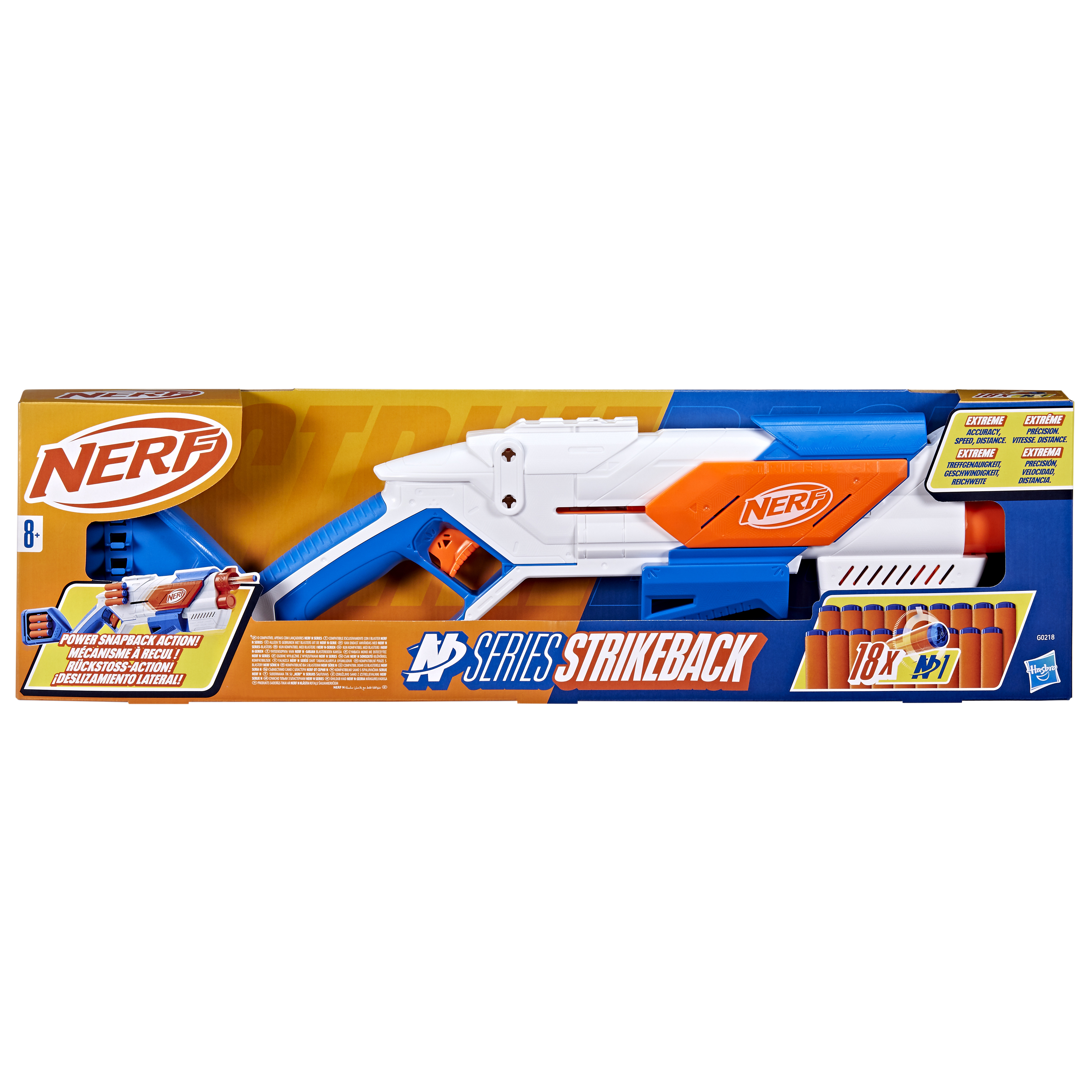 Zabawkowa broń Nerf Strikeback w pudełku w kolorach białym, pomarańczowym i niebieskim. Na pudełku napis Extreme i 18x N1.