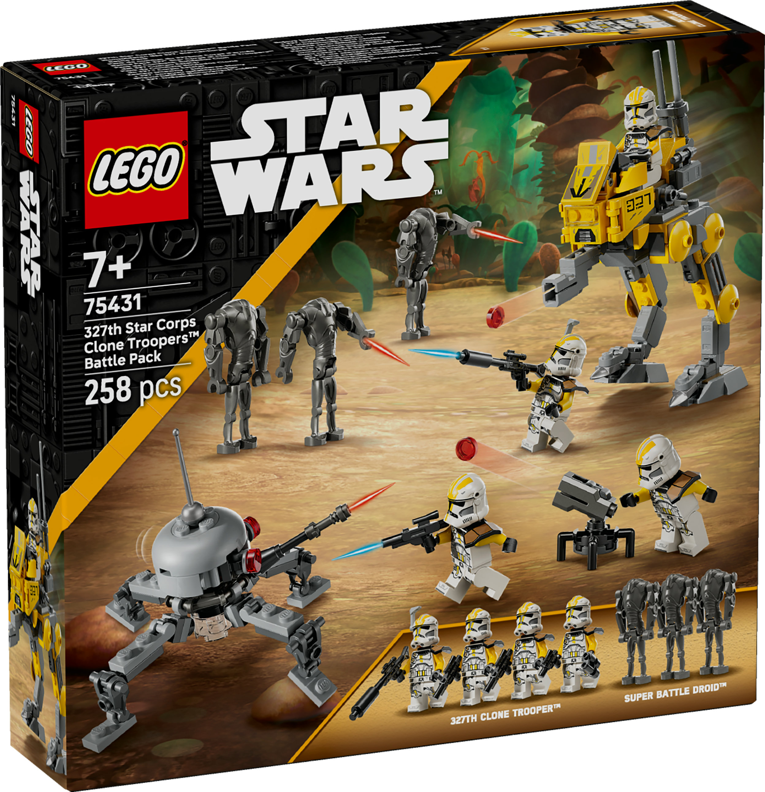 Pudełko Lego Star Wars Battle Pack. Pokazuje klony, droidy bojowe i pojazdy w scenie bitwy.