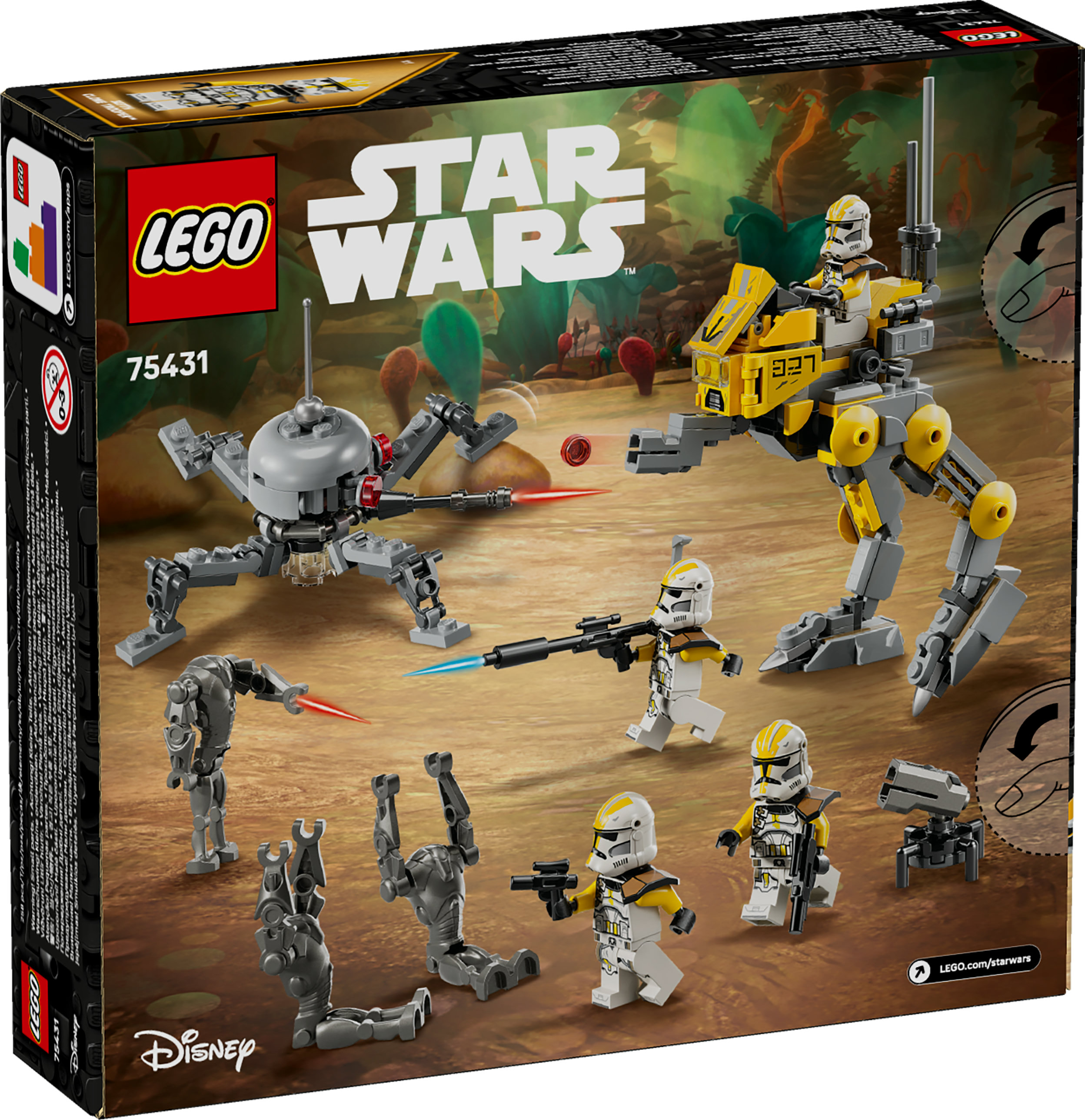 Pudełko Lego Star Wars. Zawiera figurki, żółty walker i droidy bojowe. Numer zestawu 75431.