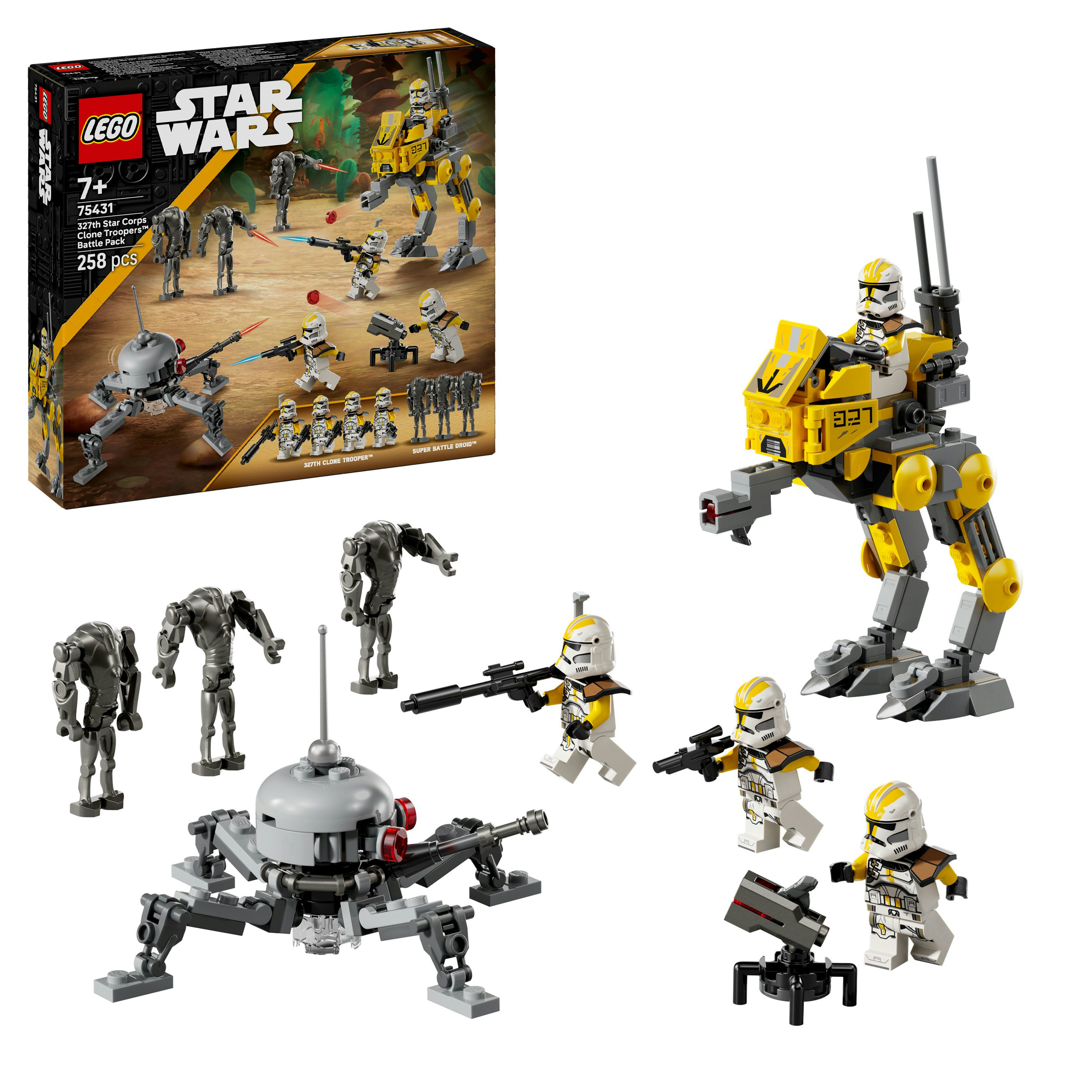 Zestaw Lego Star Wars z klonami, droidami bojowymi i pojazdami. Pudełko pokazuje figurki i żółtego walkera.