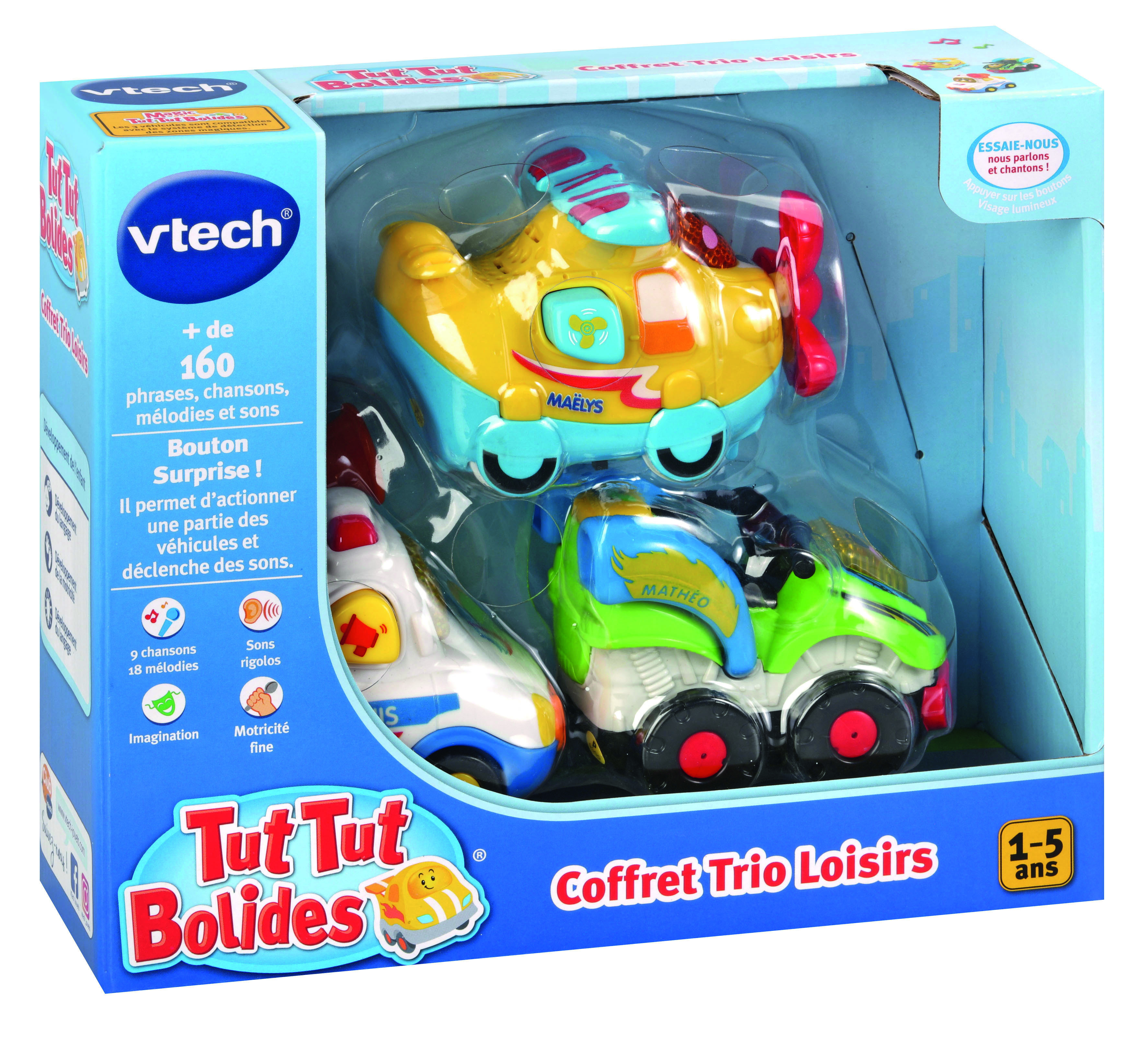 Zestaw zabawek z żółtym samolotem, zielonym motocyklem i białym samochodem w niebieskim pudełku. Tekst zawiera 'Tut Tut Bolides'.