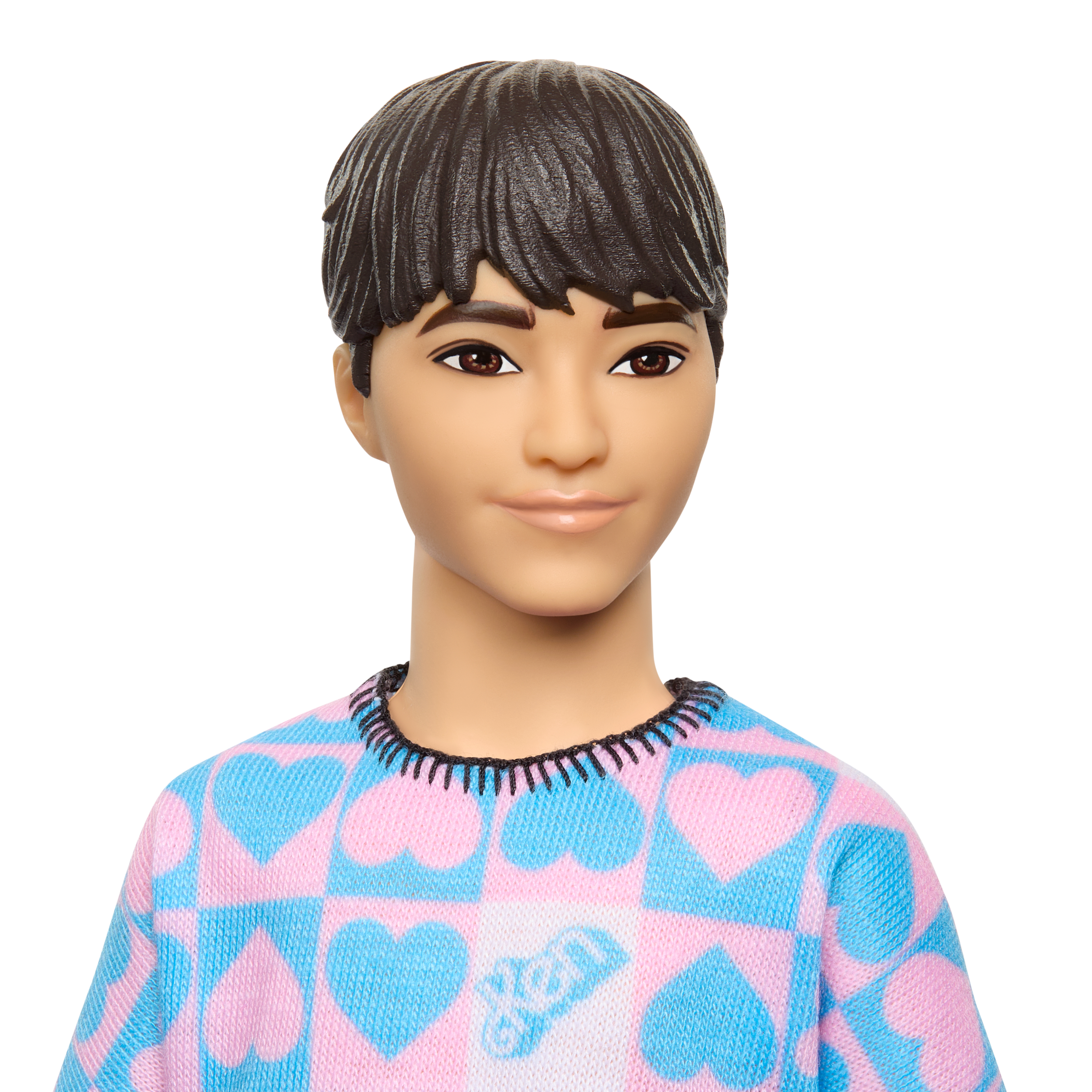 Eine Ken-Puppe mit braunen Haaren und Augen, trägt einen rosa-blau gemusterten Pullover vor weißem Hintergrund.