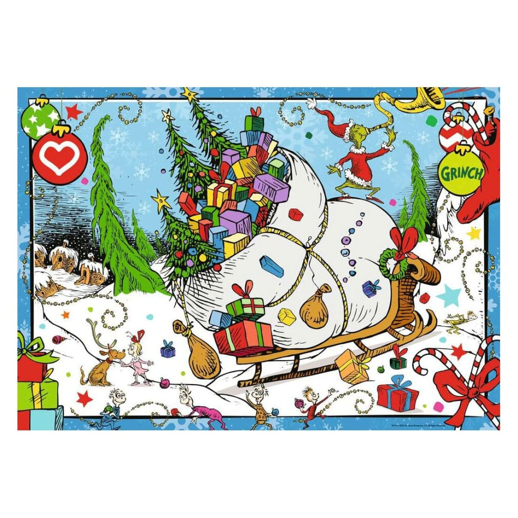 Il Grinch ruba il Natale. Regali su una slitta. Illustrazione stravagante con il Grinch, albero di Natale e personaggi.