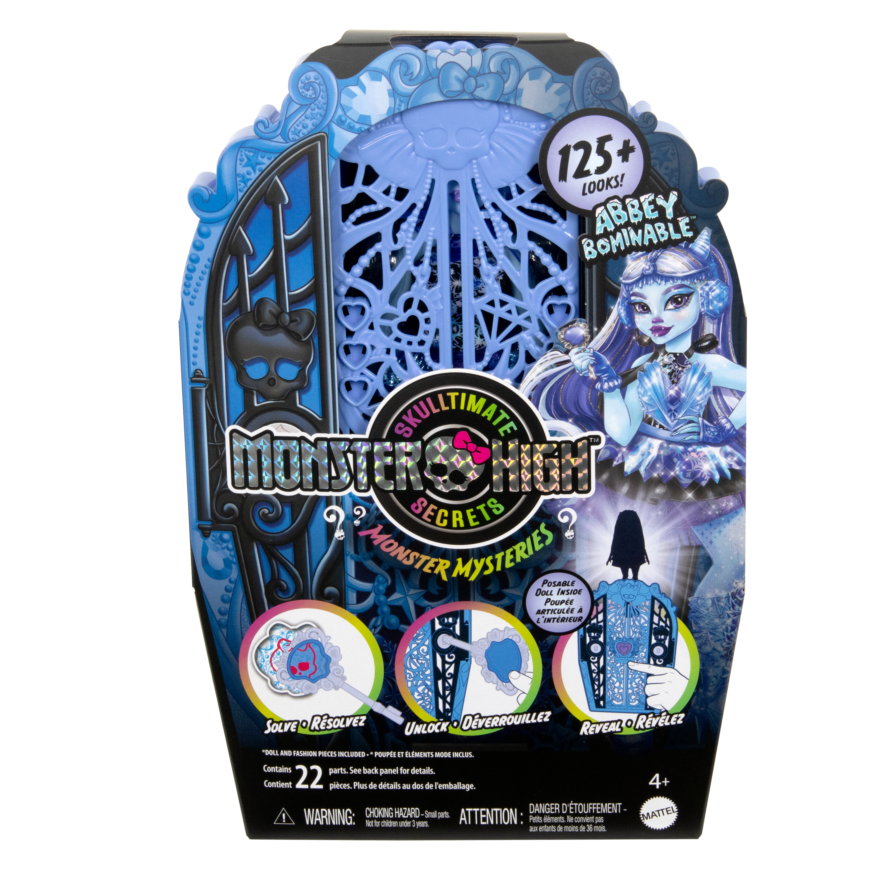Pudełko Monster High z Abbey Bominable. Ma niebieski gotycki design z napisem 'Monster High Secrets'.