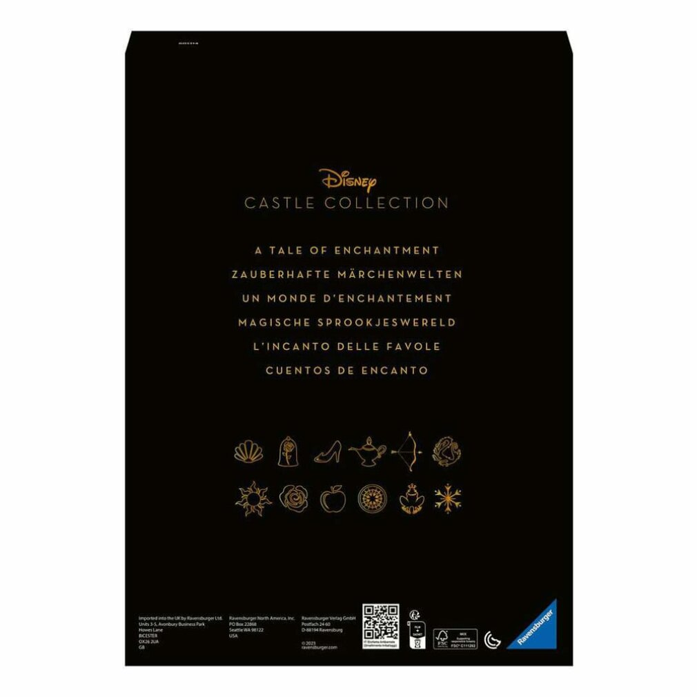 Czarne pudełko Disney Castle Collection. Złoty tekst i ikony. Zawiera tekst w wielu językach, takich jak niemiecki, francuski i hiszpański.