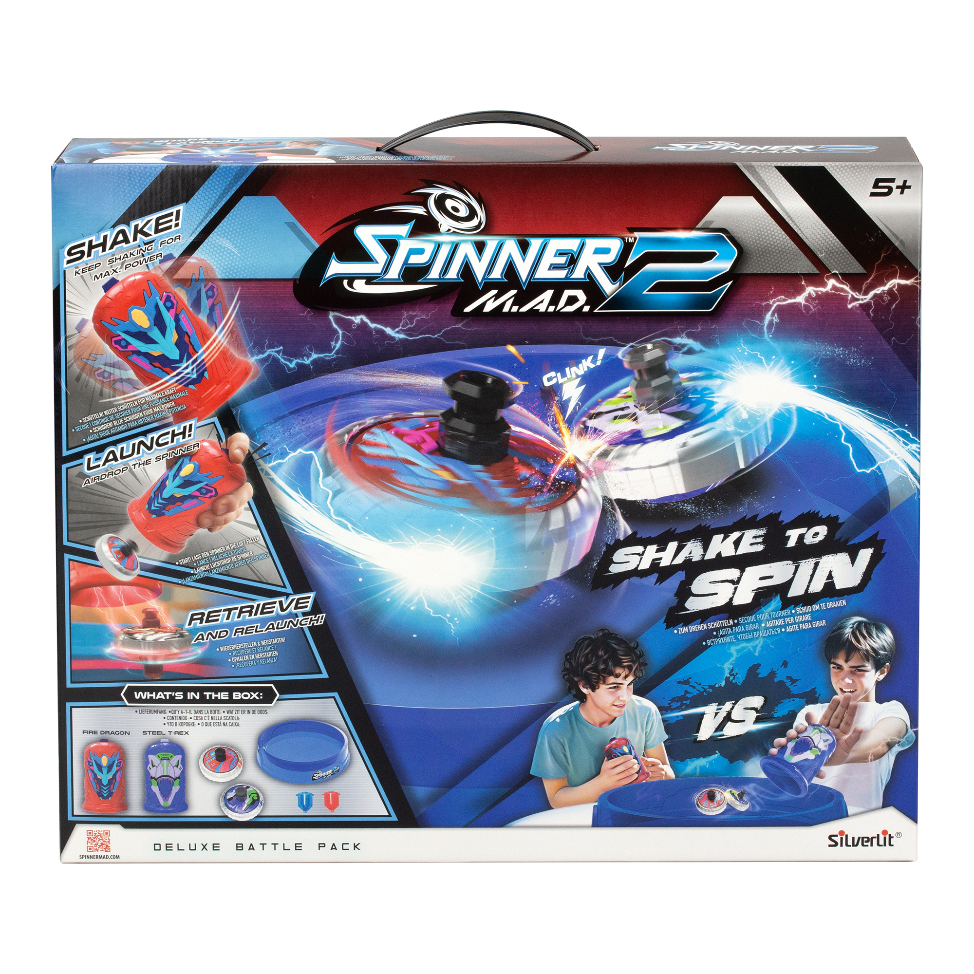 Grafika opakowania Spinner M.A.D. 2 Deluxe Battle Pack. Dwa bączki zderzają się, dzieci się bawią i jest napis 'Shake to Spin'.