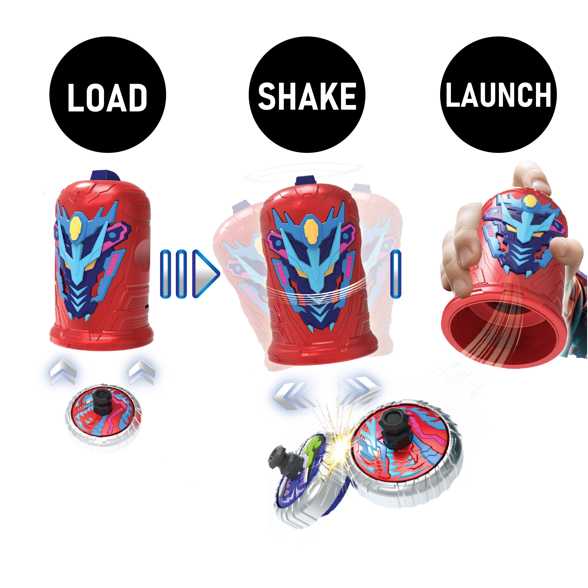 Czerwona zabawka pokazana w trzech krokach: załaduj, potrząśnij i uruchom. Bączki są ładowane, potrząsane, a następnie uruchamiane.