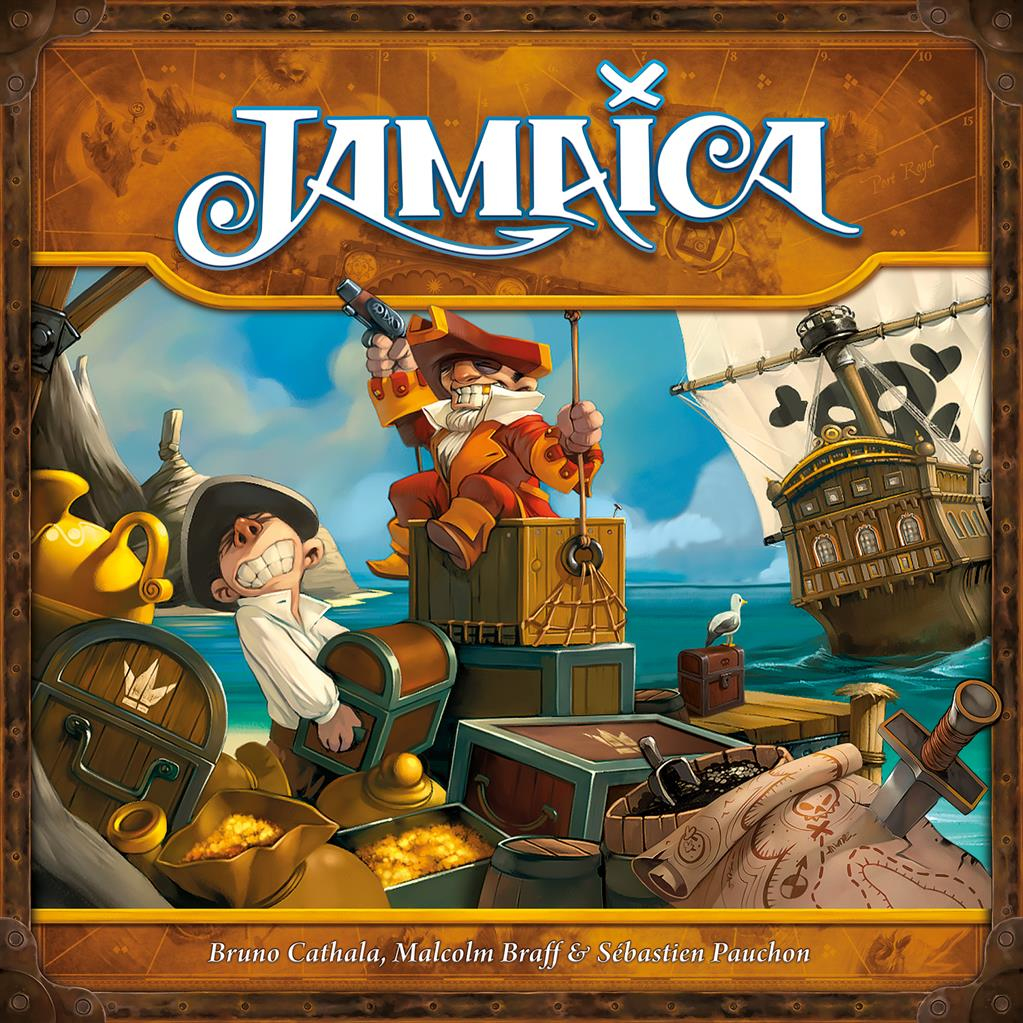 Una scatola di gioco con pirati, una nave, forzieri e il titolo "Jamaica".